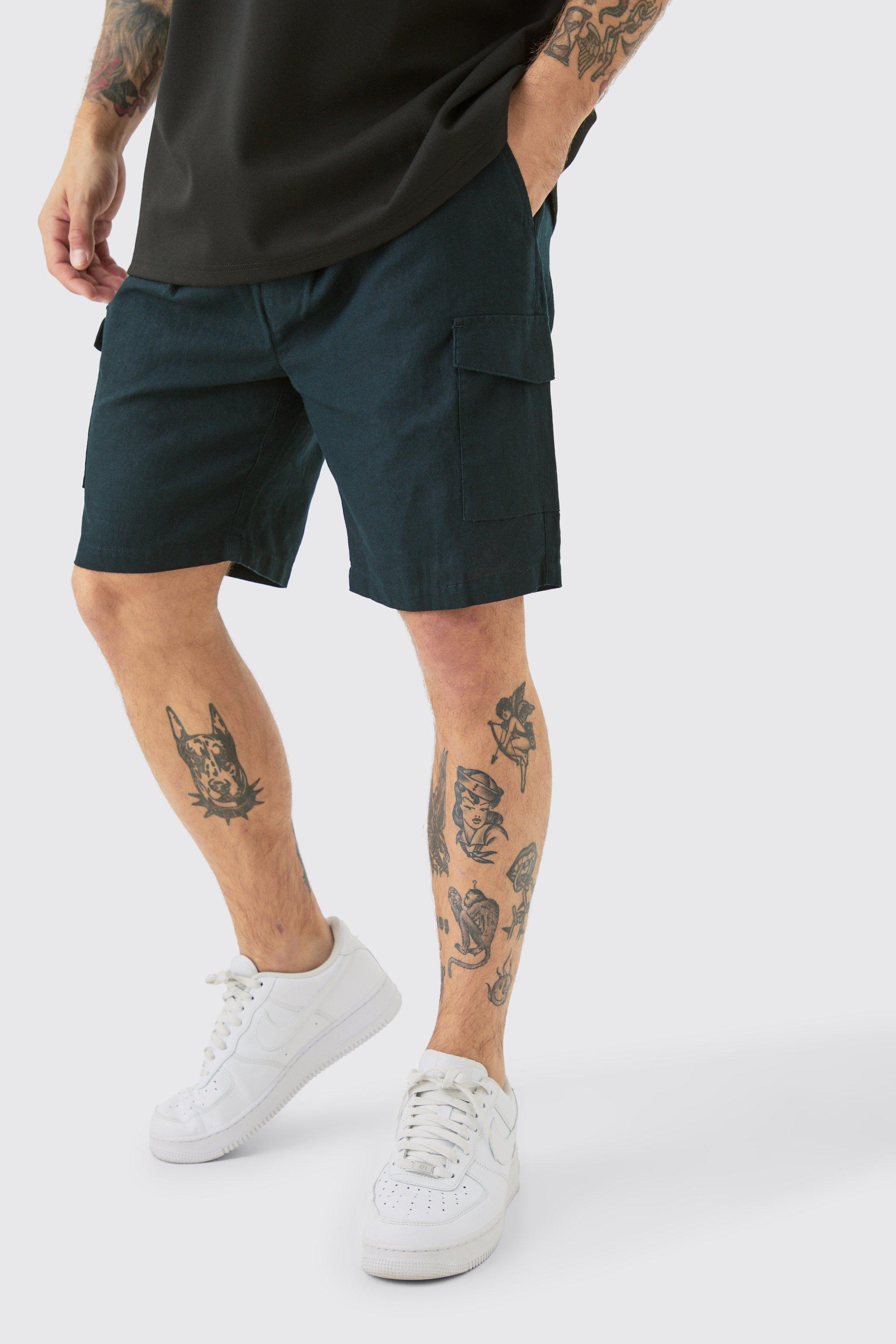 Image of Linen Elastic Waist Cargo Shorts, Navy