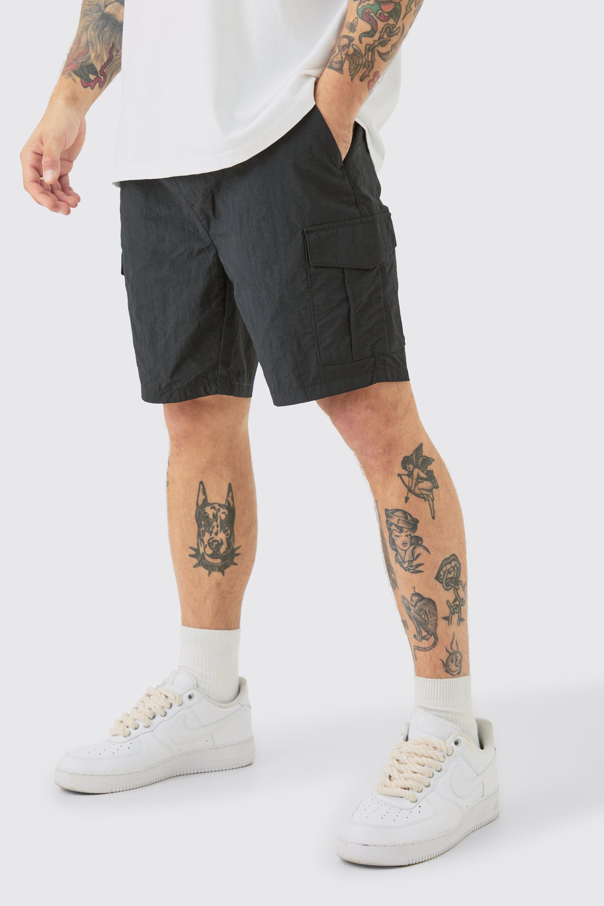 Image of Slim Fit Elastic Waist Cargo Shorts, Nero
