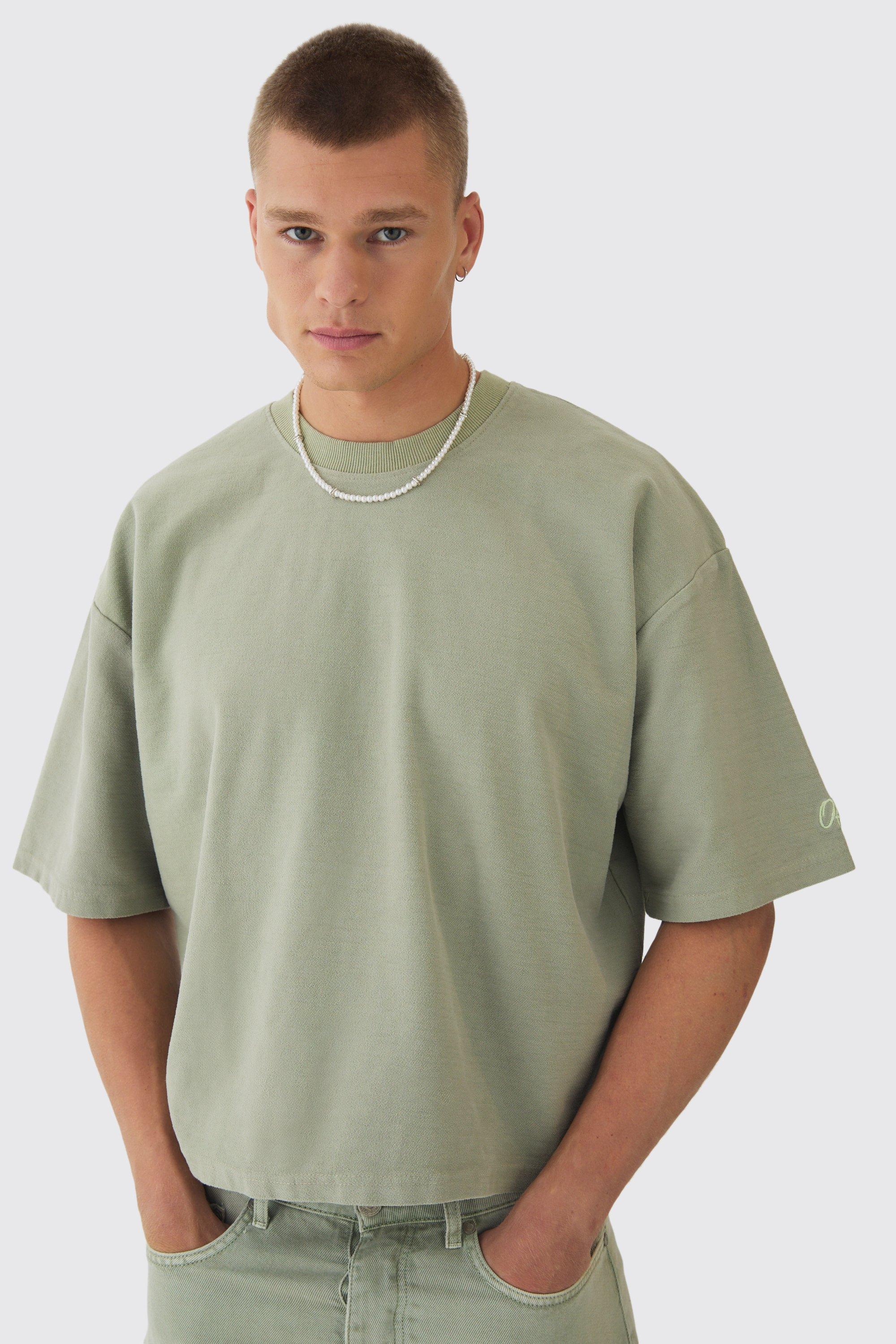 Mens Green Oversized Extra Boxy Half Sleeve Reverse Loopback T-shirt, Green