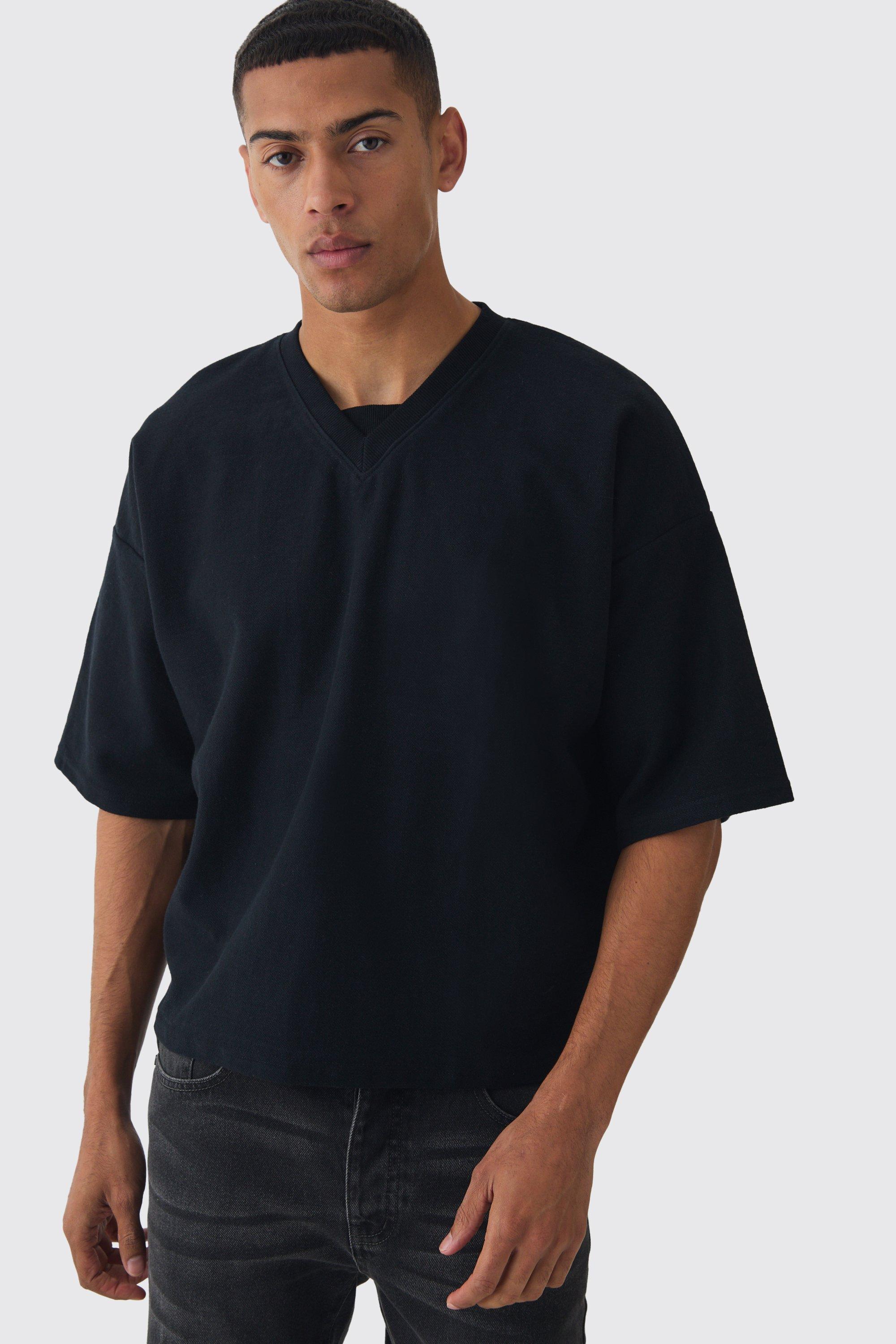 T-shirt squadrata oversize con scollo a V e rovescio a ricci, Nero