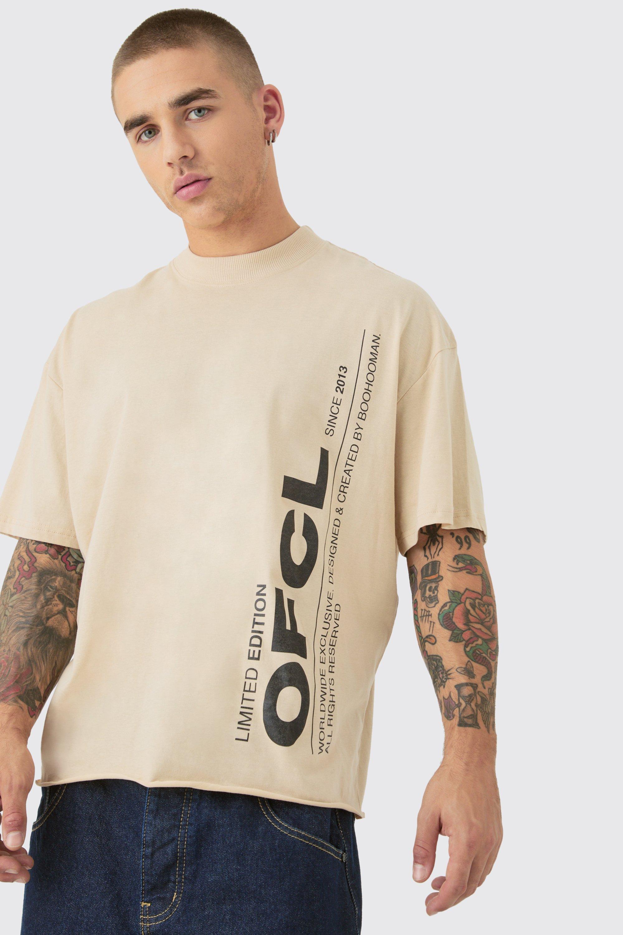 Mens Beige Oversized Boxy Heavyweight OFCL Text Graphic T-shirt, Beige