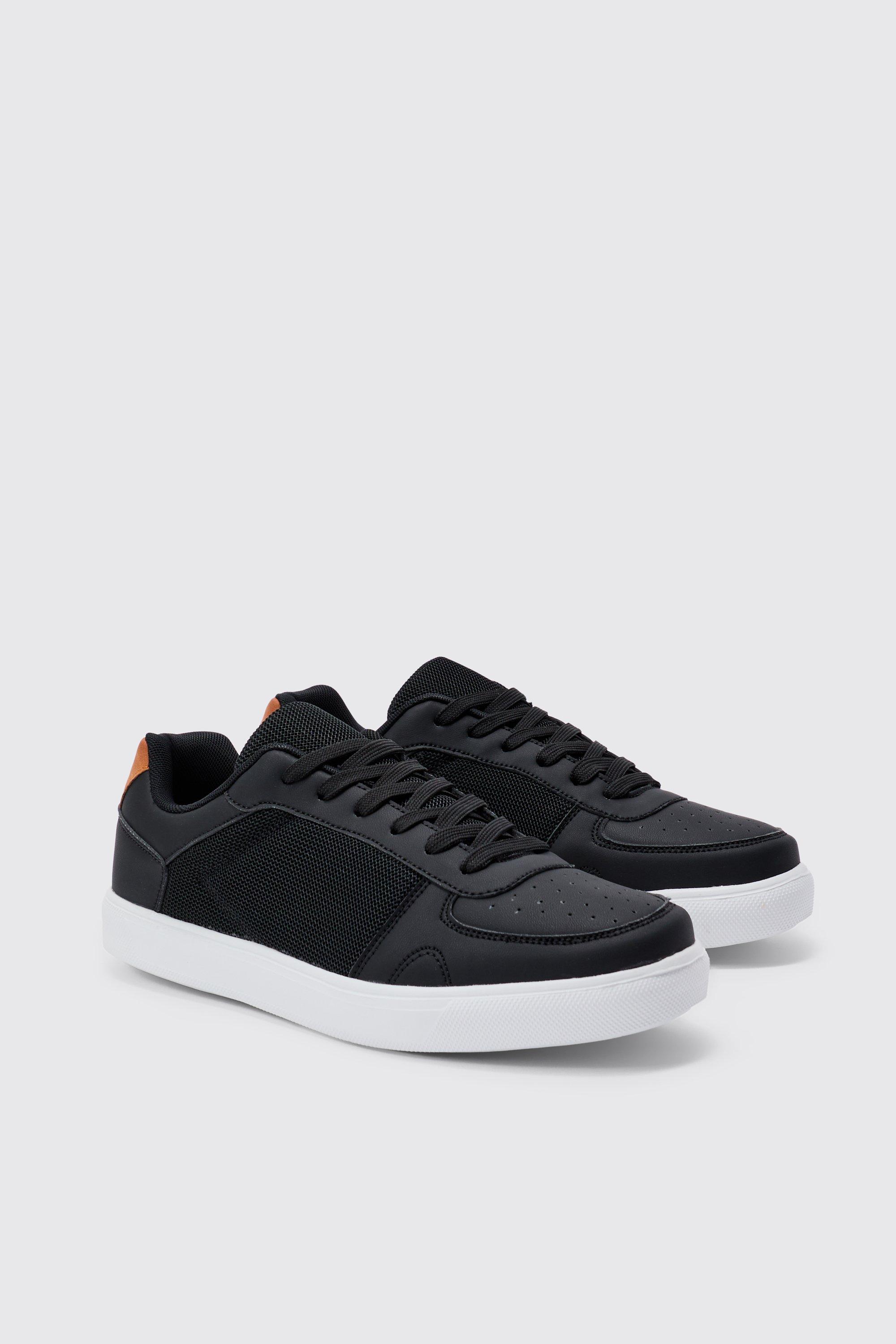 Mens Black Faux Leather Panel Detail Trainer, Black