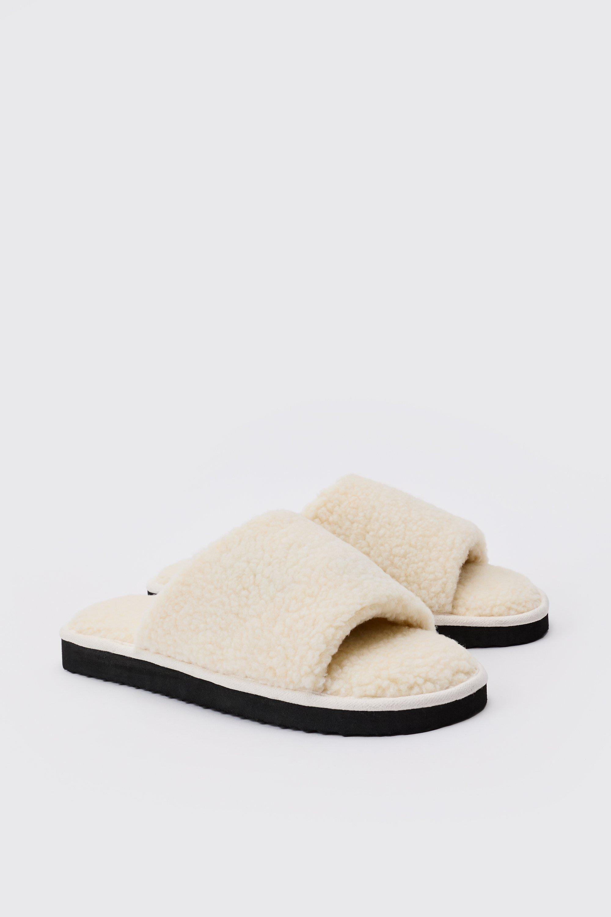 Mens White Borg Open Toe Slipper, White