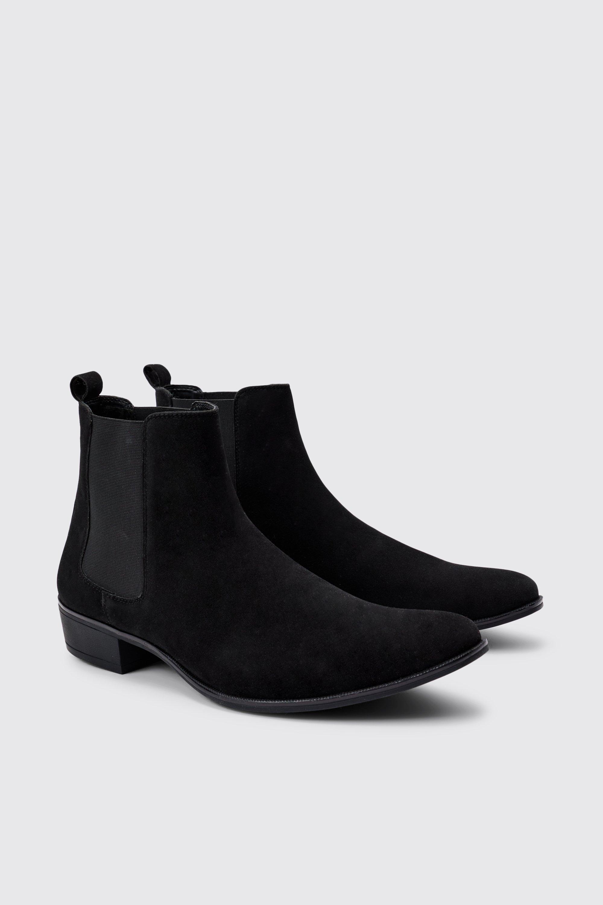Mens Black Faux Suede Cuban Boot, Black
