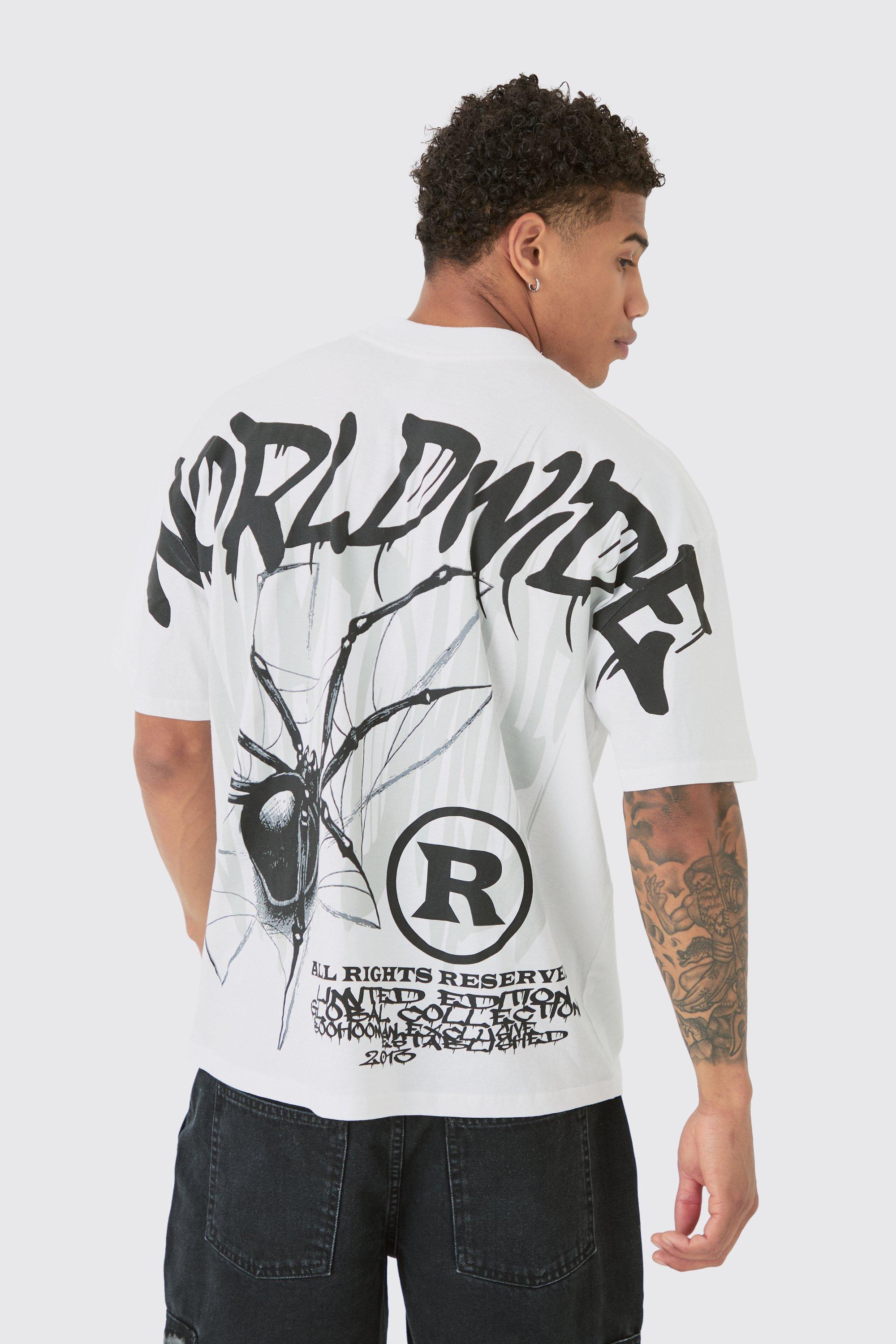 T-shirt oversize con stampa di ragno e cuciture, Bianco