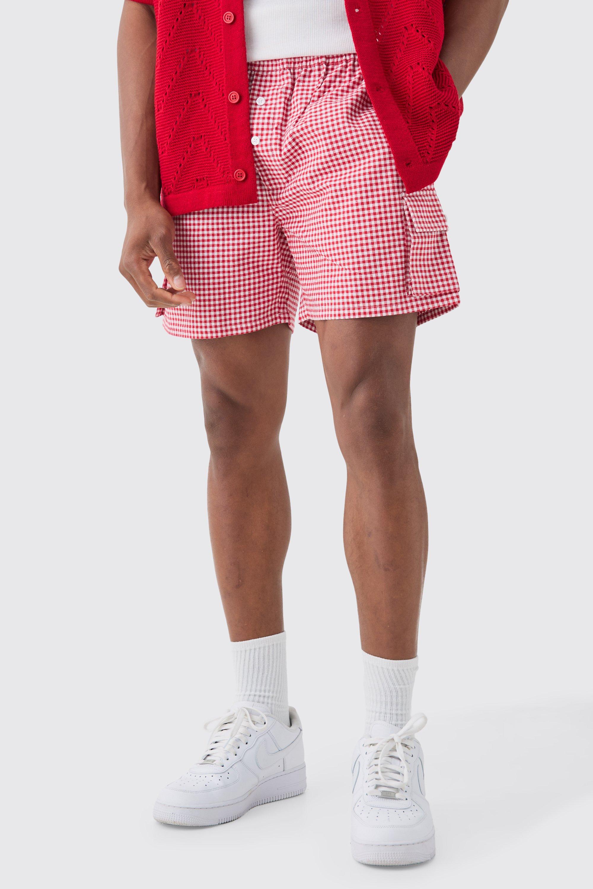Mens Elasticated Waist Gingham Check Linen Look Relaxed Short In Red, Red