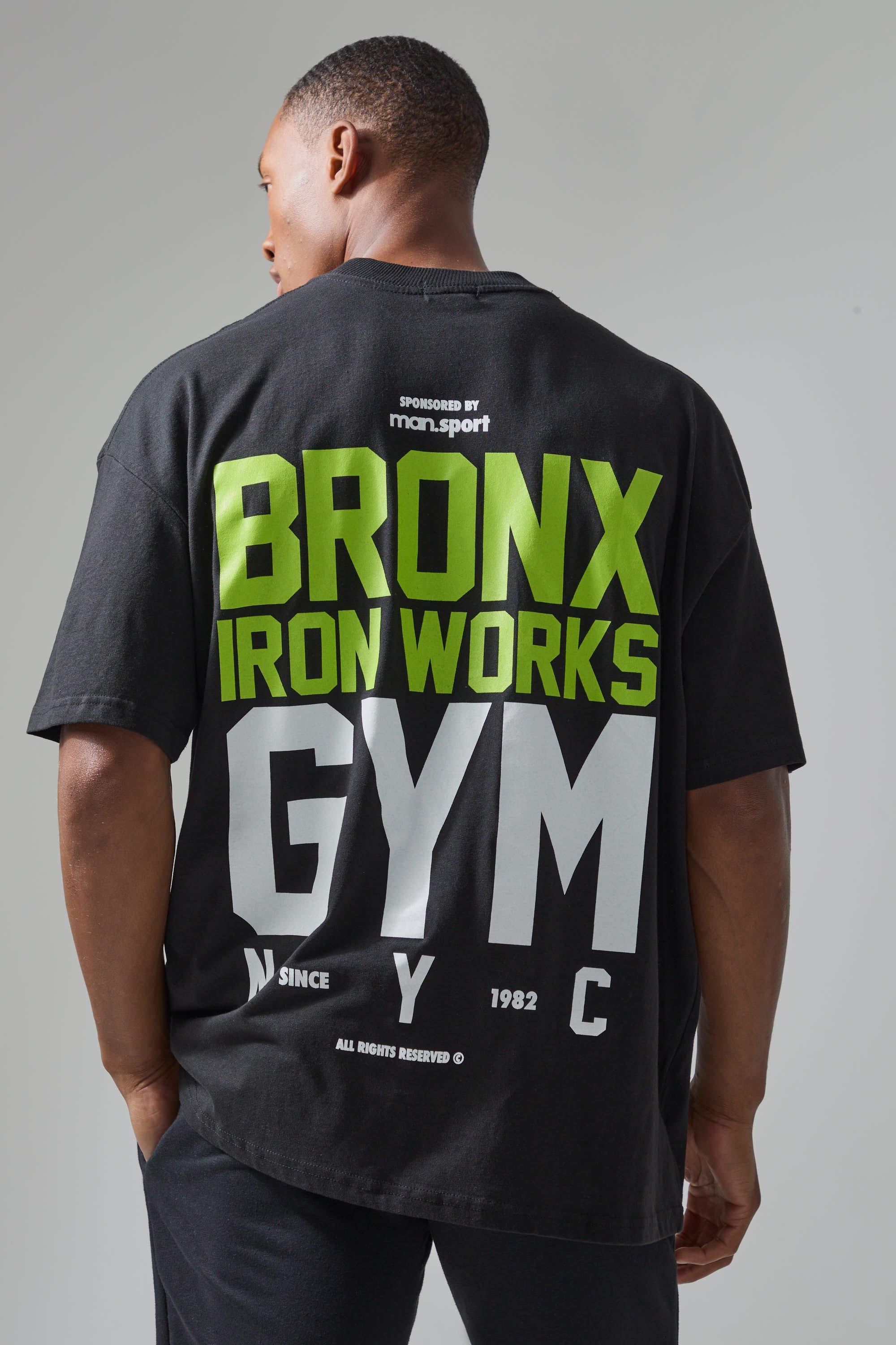 Mens Black Active Oversized Extended Neck Bronx Gym Graphic T-shirt, Black