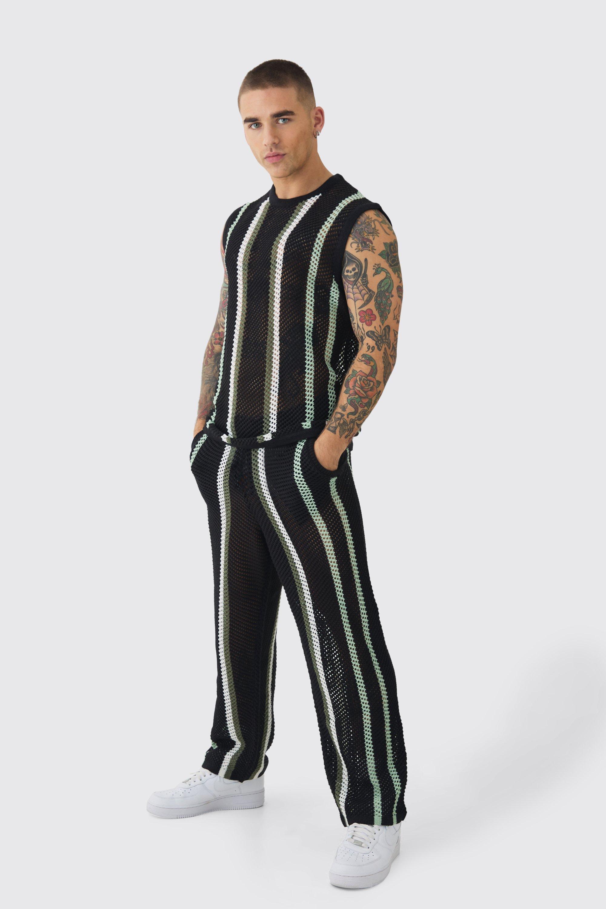 Mens Black Oversized Open Stitch Stripe Knitted vest & Trouser Set, Black