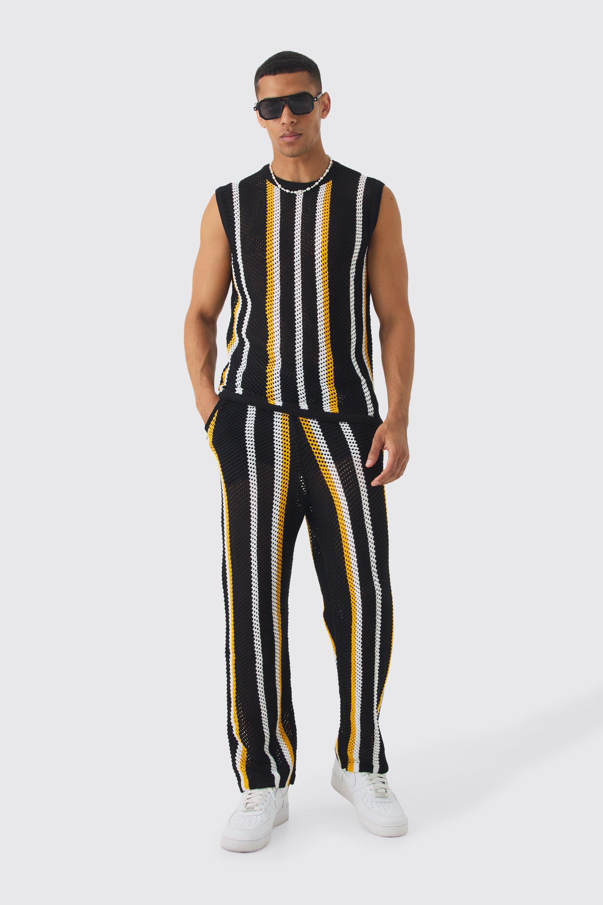 Womens Oversized Open Stitch Stripe Knitted Vest & Trouser Set - Black - S, Black