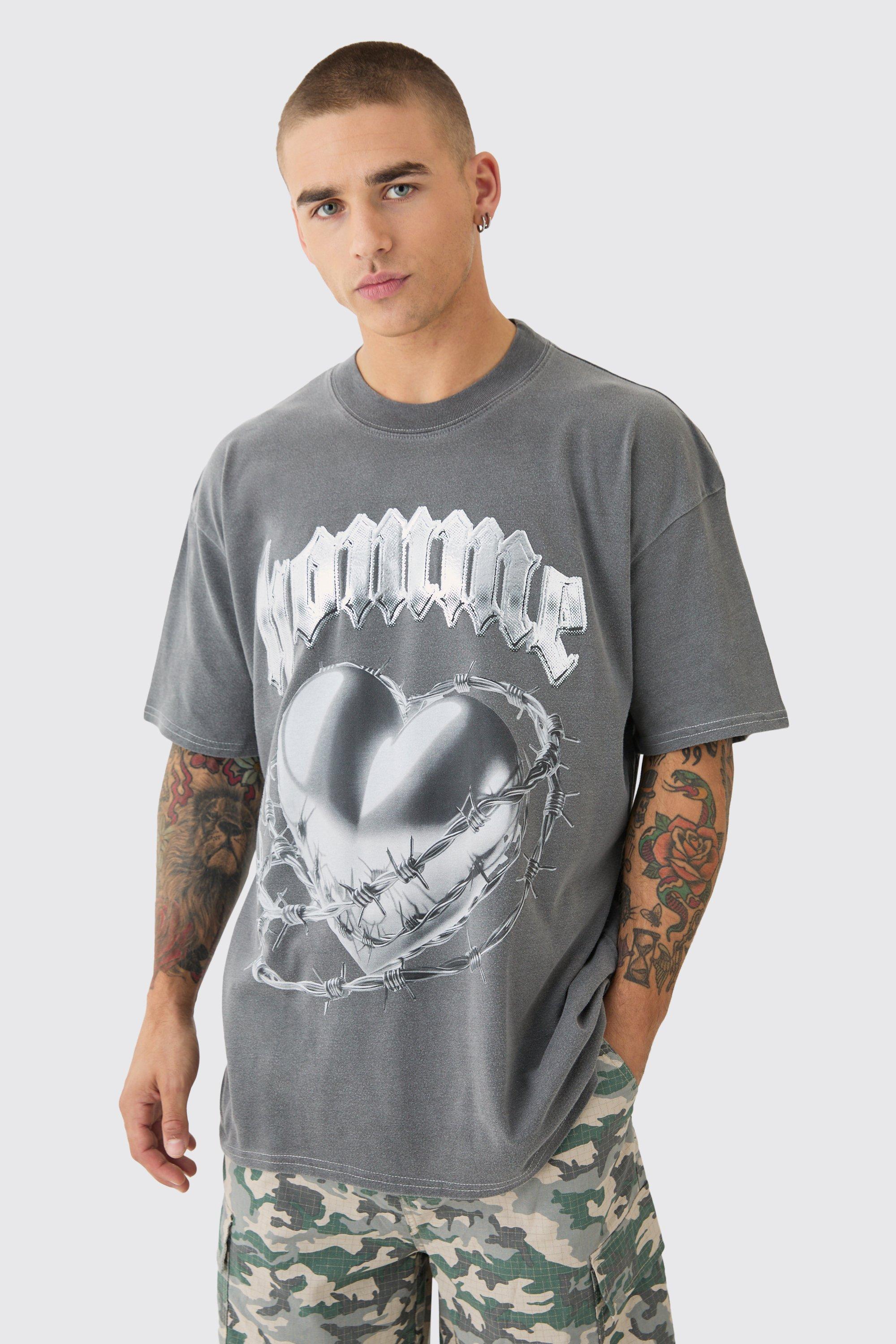 Image of Oversized Washed Gothic Heart Graphic T-shirt, Grigio