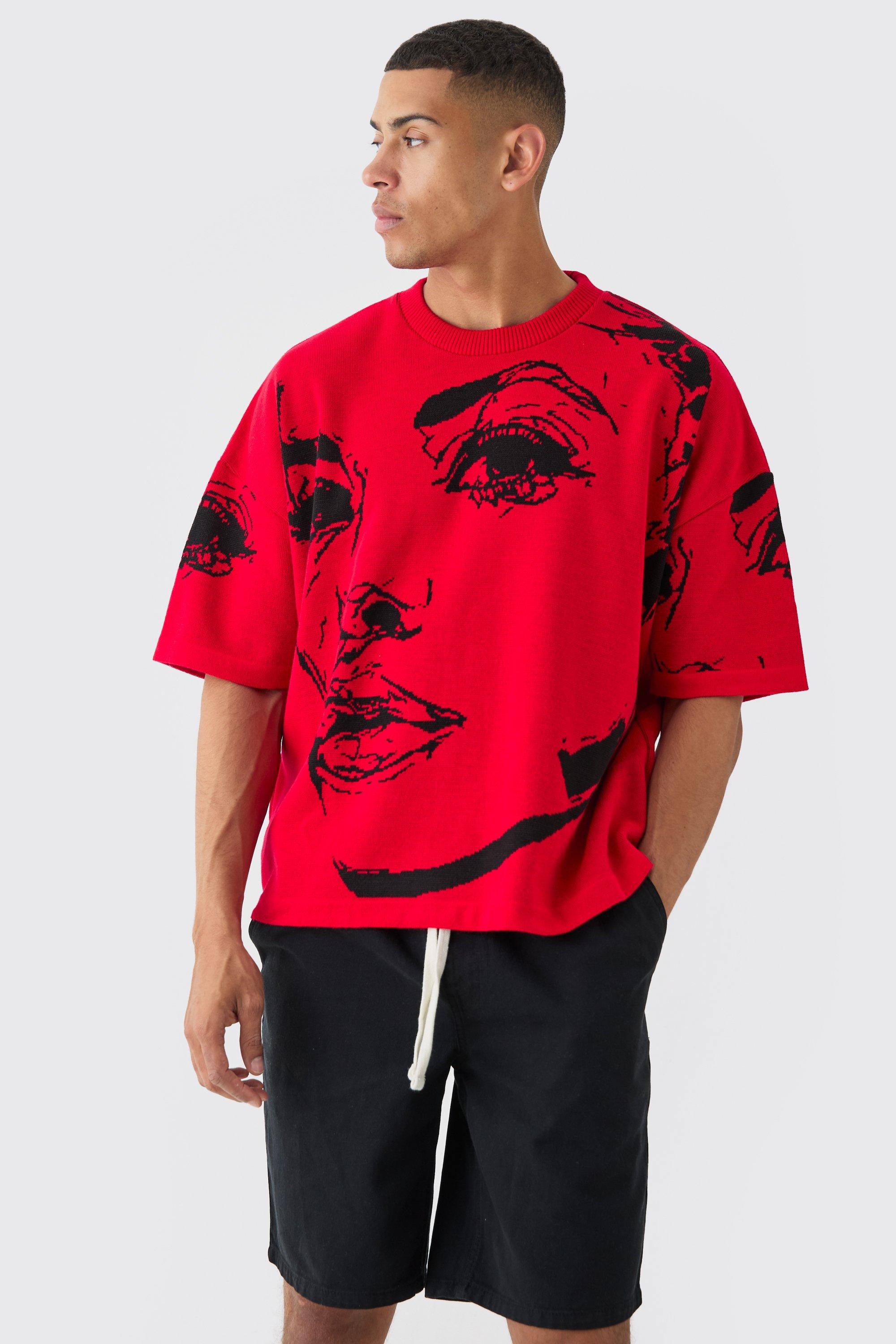 T-shirt oversize in maglia con disegno a linee, Rosso