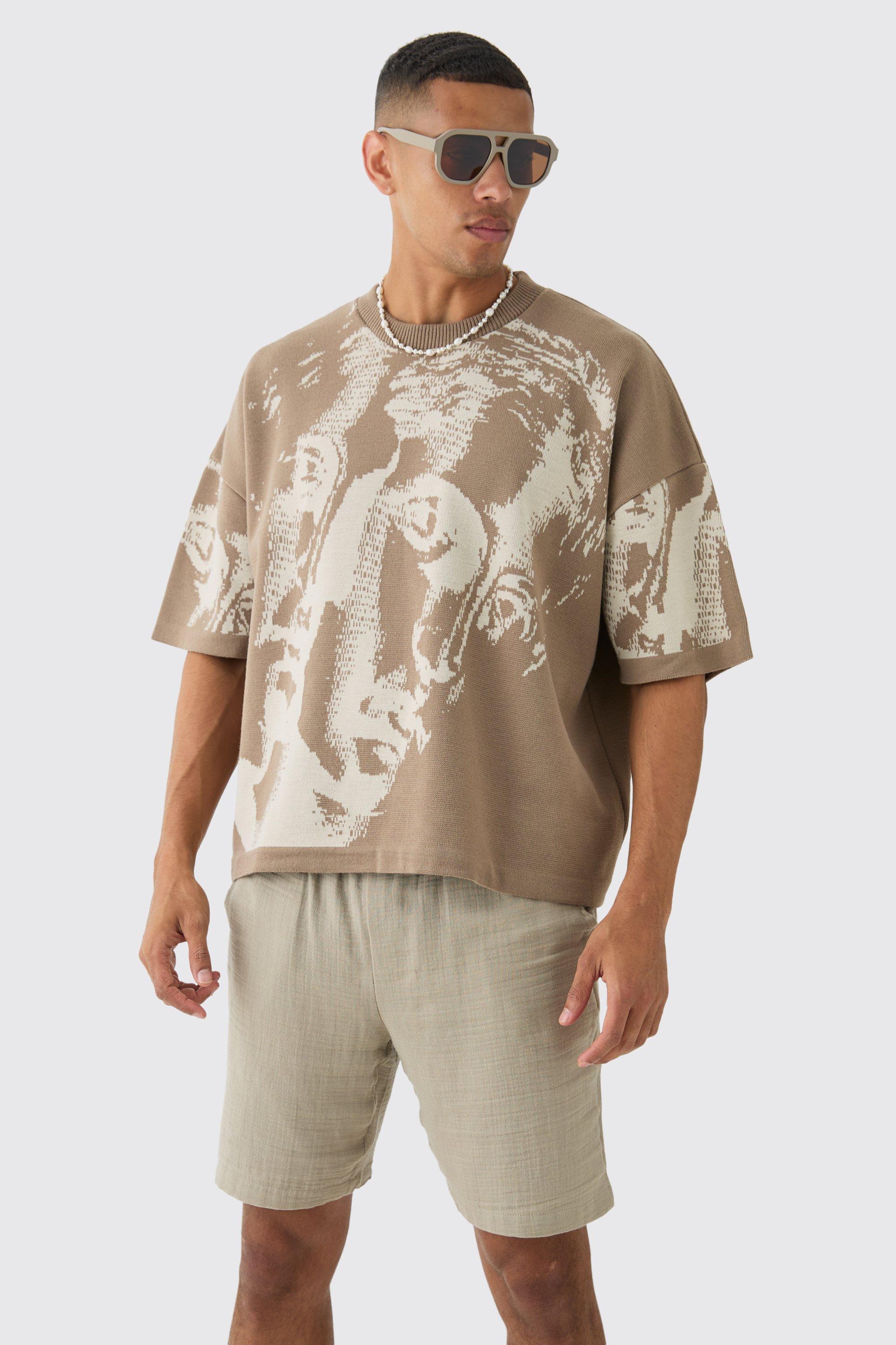 Mens Beige Oversized Renaissance Drawing Knitted T-shirt, Beige