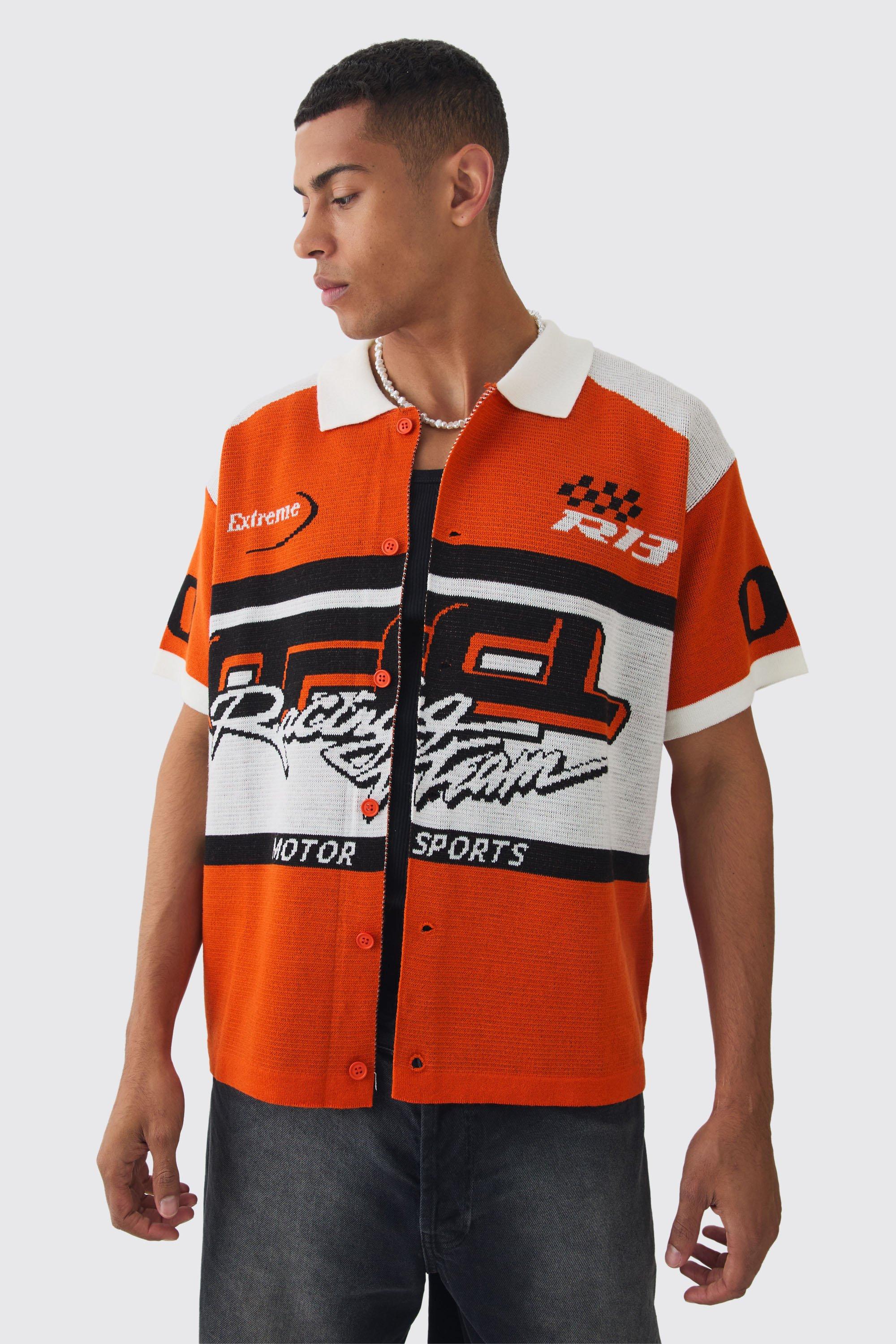 Camicia squadrata oversize in maglia da moto, Arancio