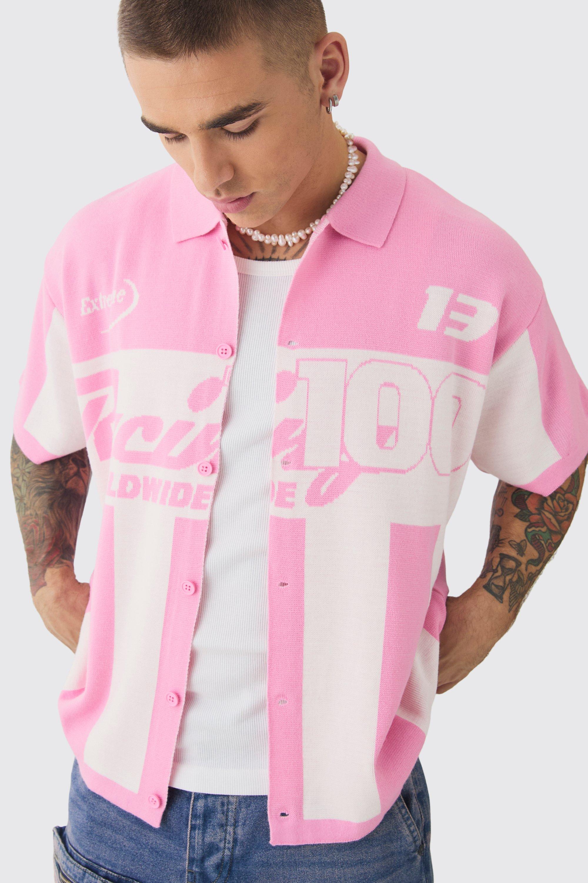 Mens Pink Boxy Oversized Moto Racing Stripe Knitted Shirt, Pink