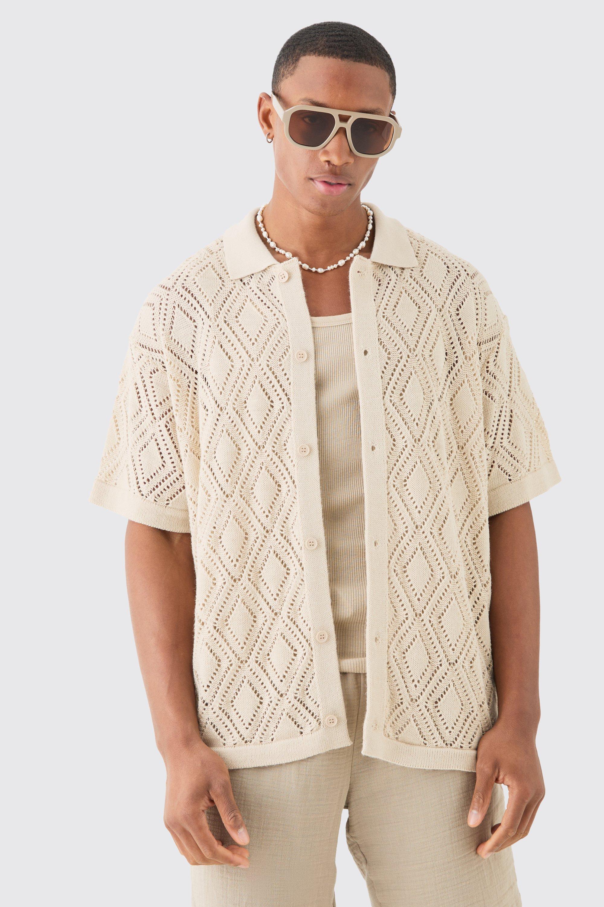 Mens Beige Boxy Oversized Patterned Open Stitch Knitted Shirt, Beige