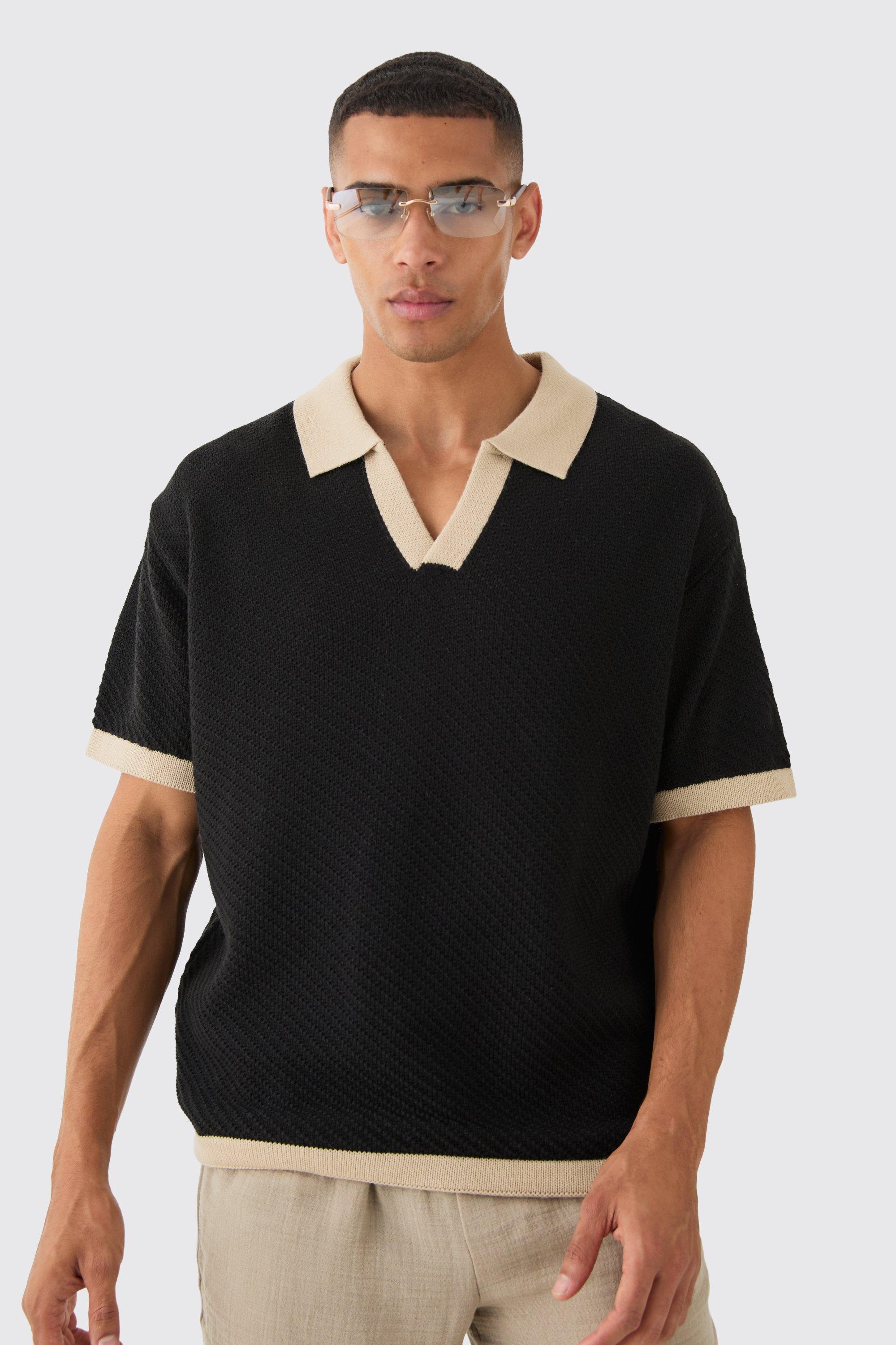 Polo squadrata oversize in maglia a contrasto con spalle scese, Nero