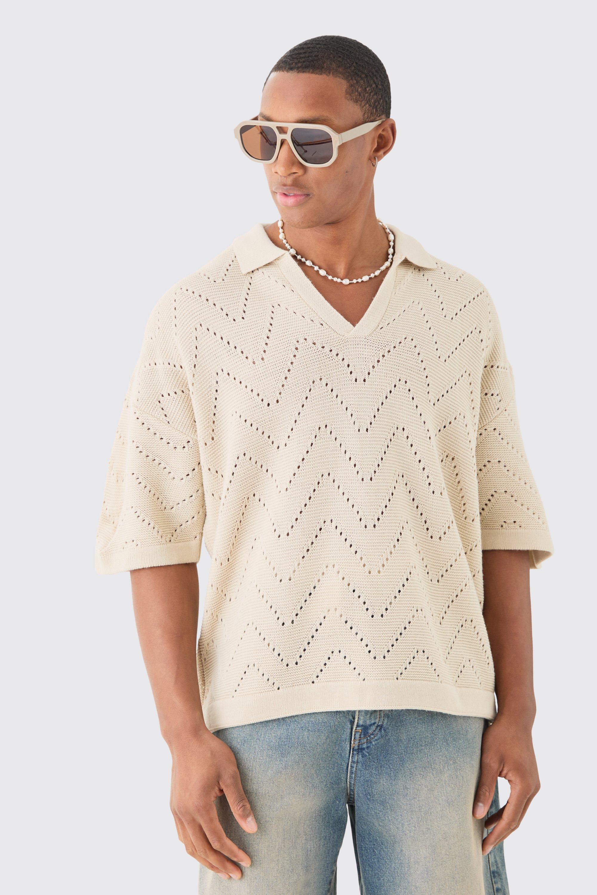 Boxy Oversized Open Stitch Knitted Polo, Beige