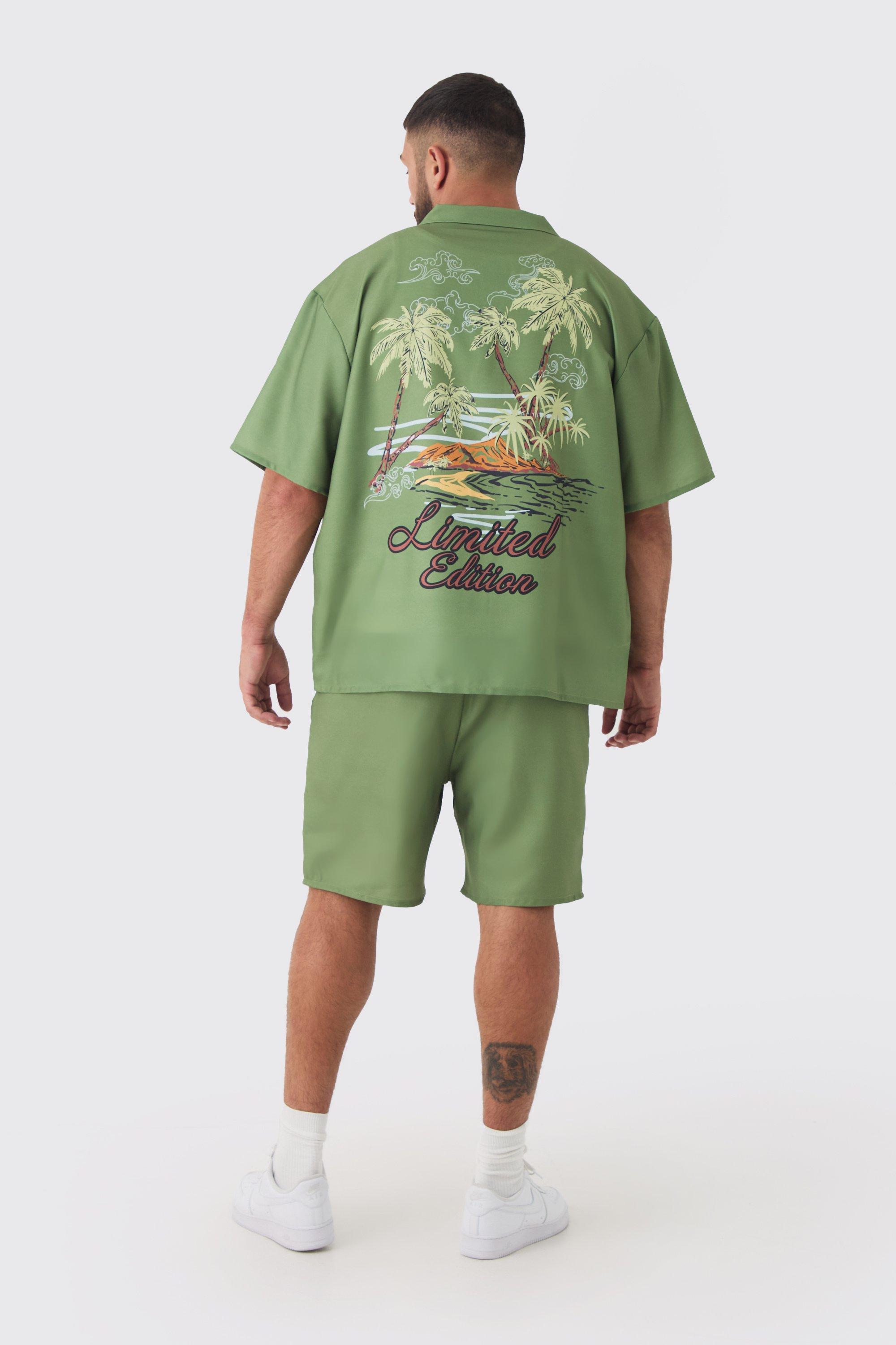 Mens Green Plus Back Print Linen Look Shirt & Short Set, Green