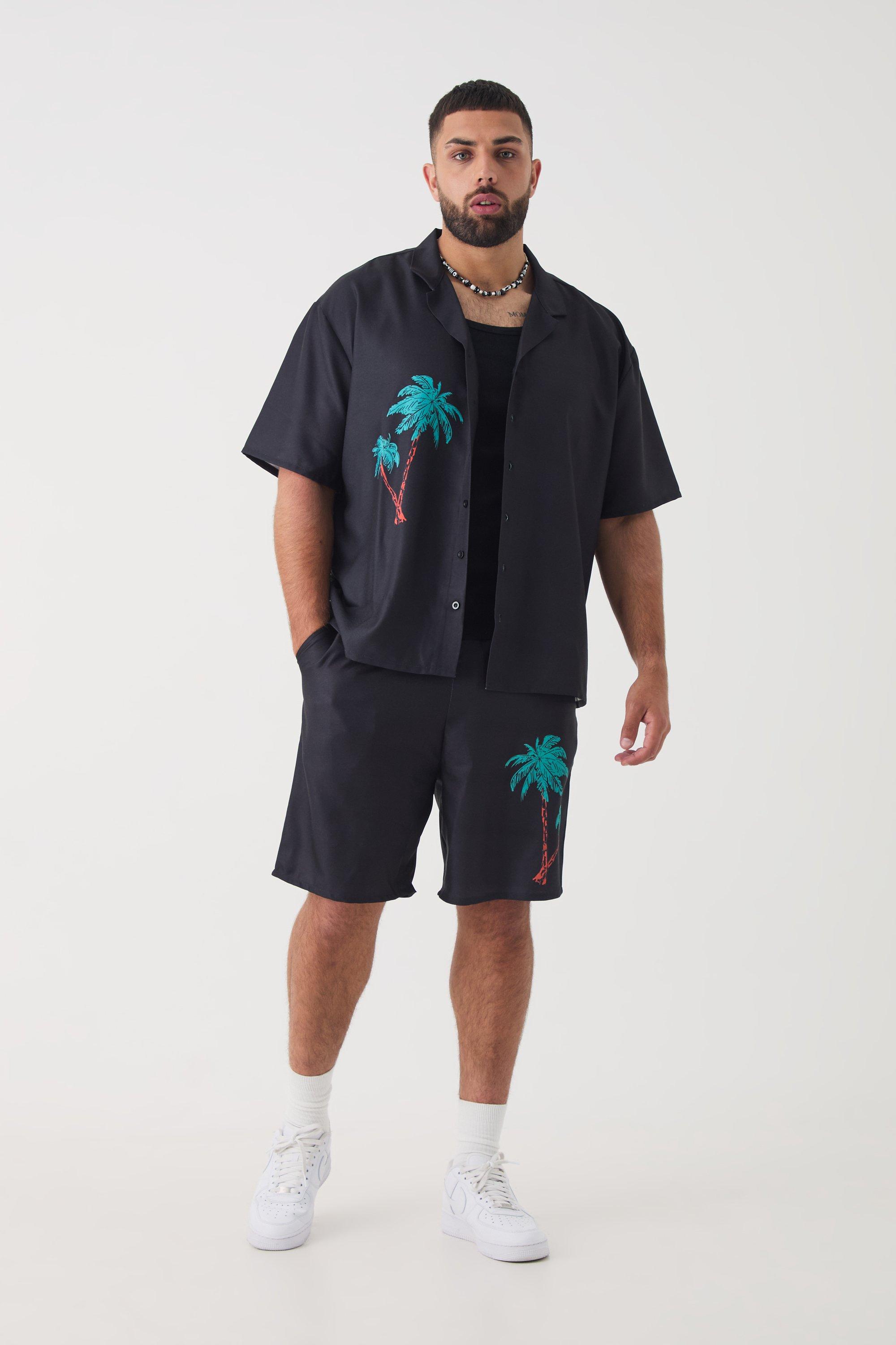 Mens Black Plus Back Print Linen Look Shirt & Short Set, Black