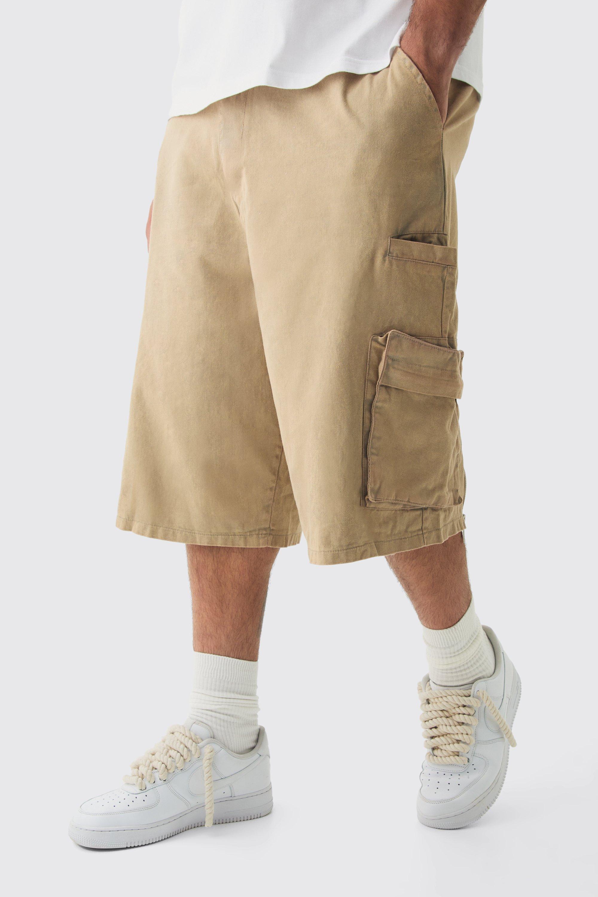 Plus Zip Detail Acid Wash Twill Jorts, Beige