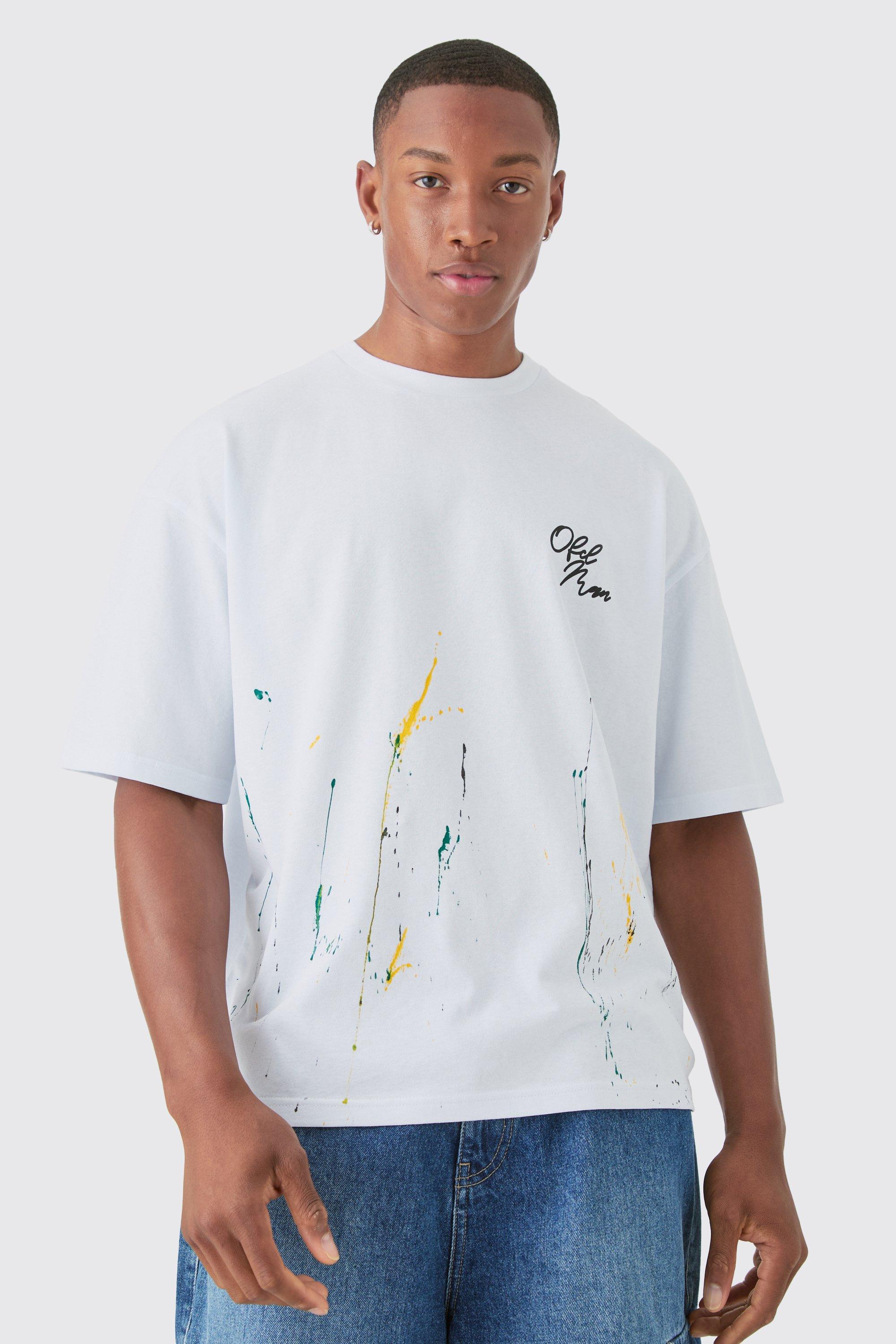 Mens White Oversized Boxy Paint Splatter T-shirt, White