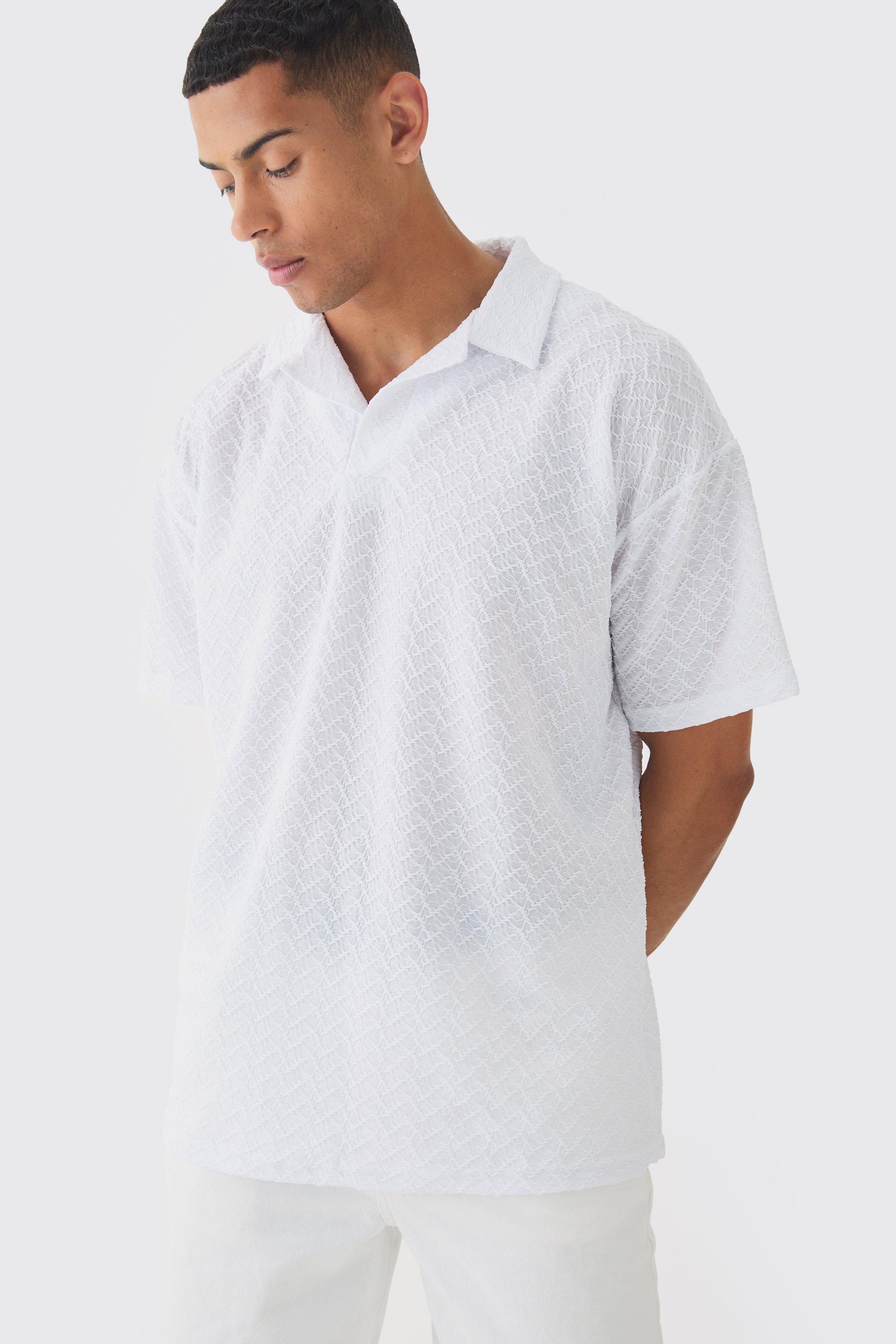 Polo oversize con trama e rever, Bianco