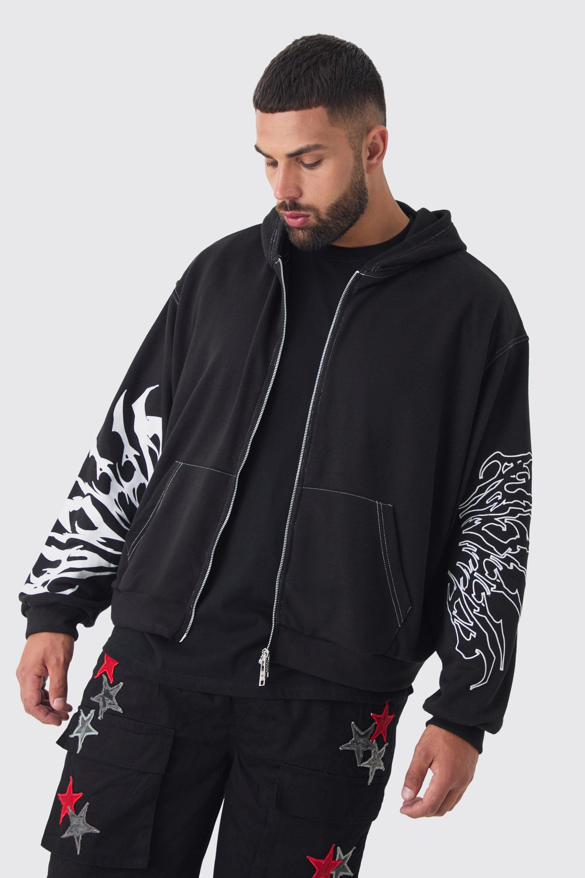 Mens Black Plus Boxy Oversized Embroidery Hoodie, Black