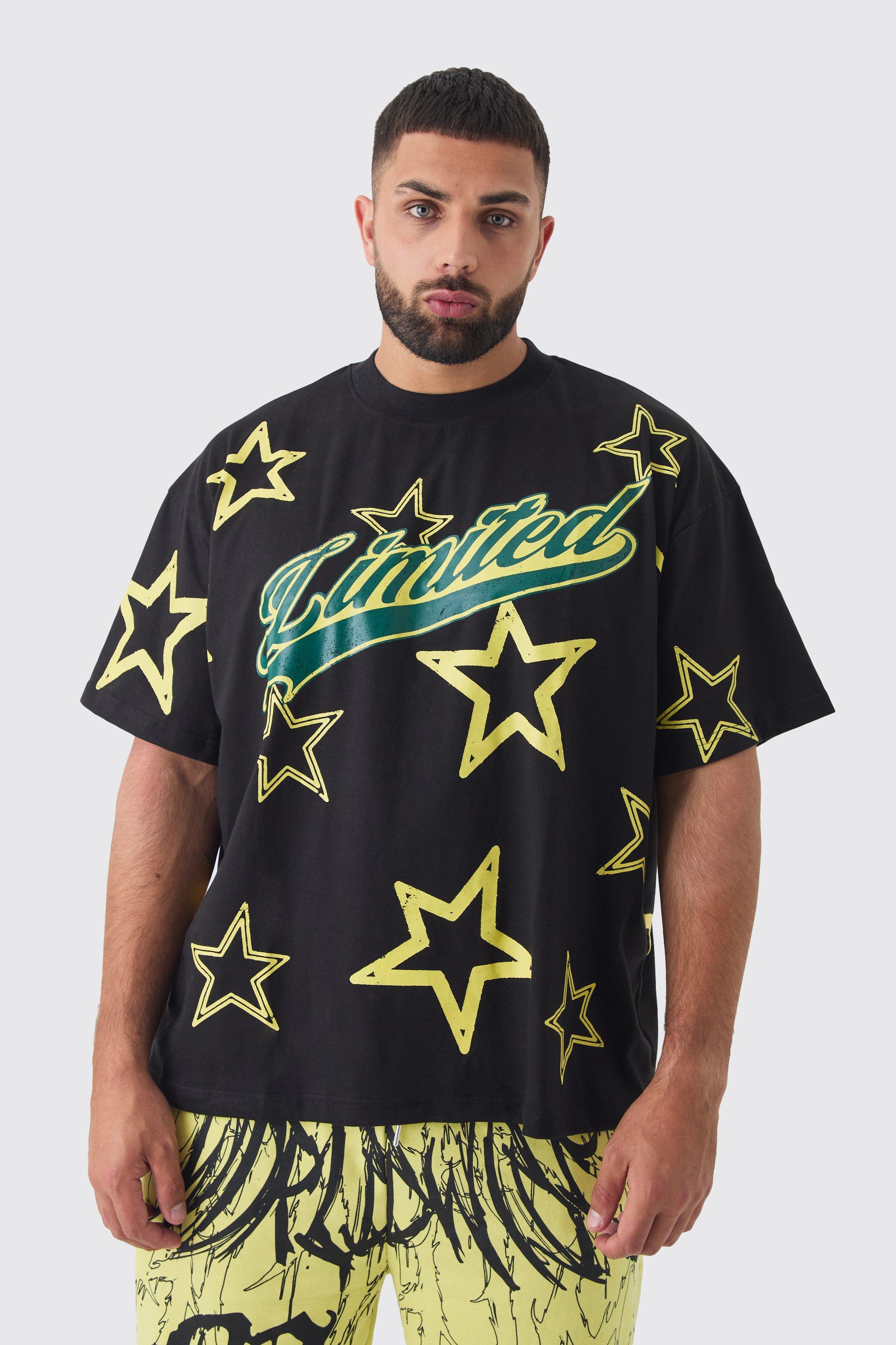 Mens Black Plus Oversized Extended Neck Limited Star Print T-shirt, Black