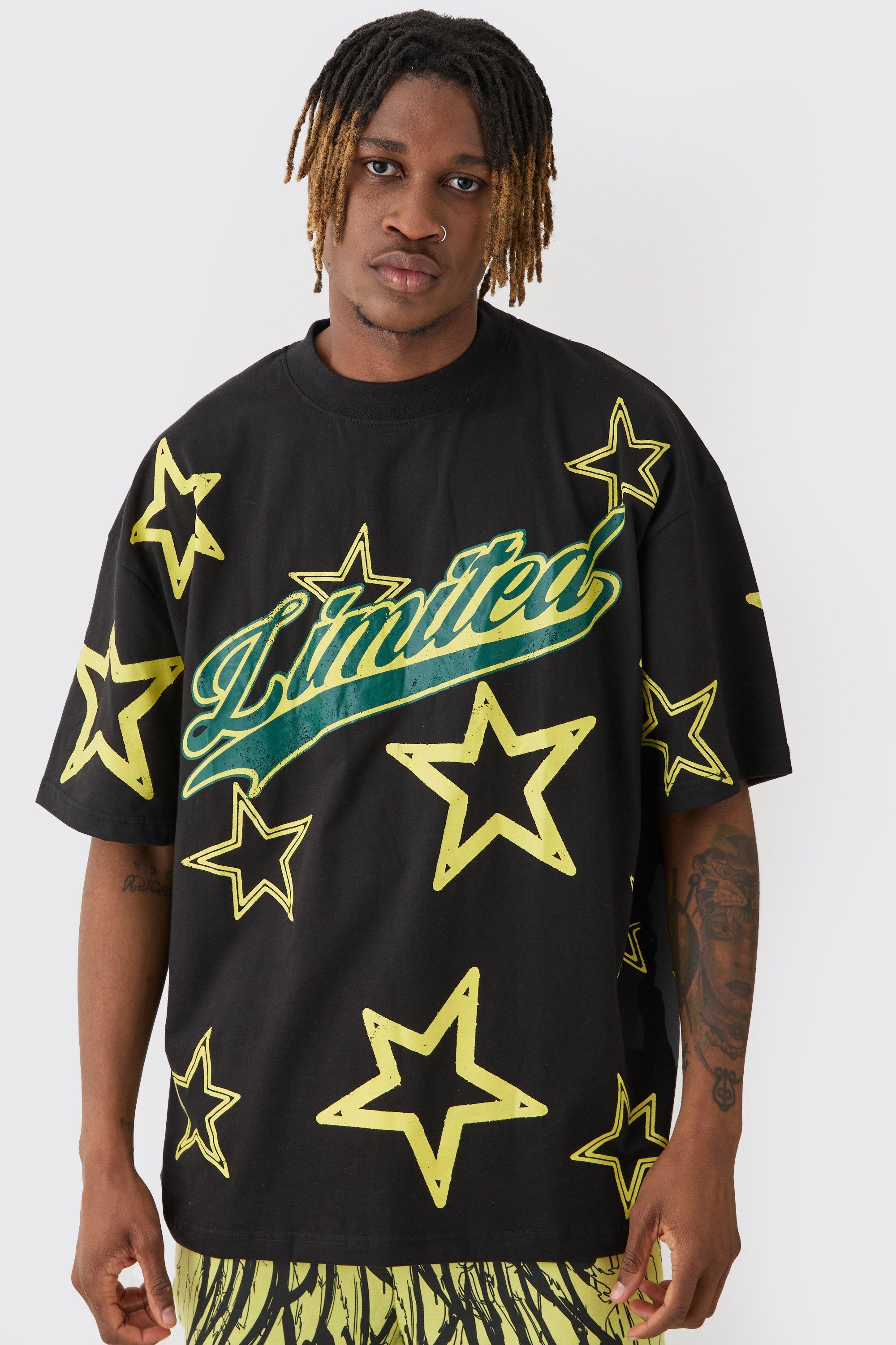 Mens Black Tall Oversized Extended Neck Limited Star Print T-shirt, Black