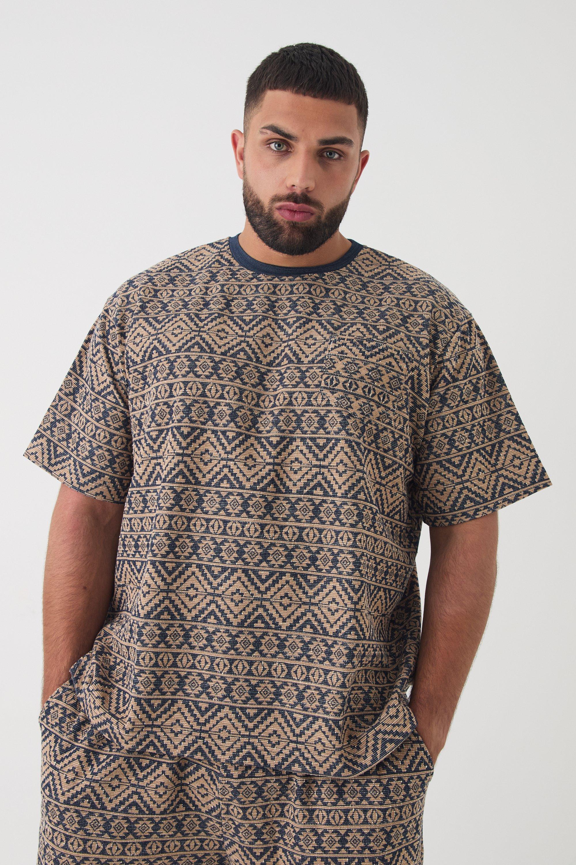 Mens Beige Plus Oversized Jacquard Abstract T-shirt, Beige