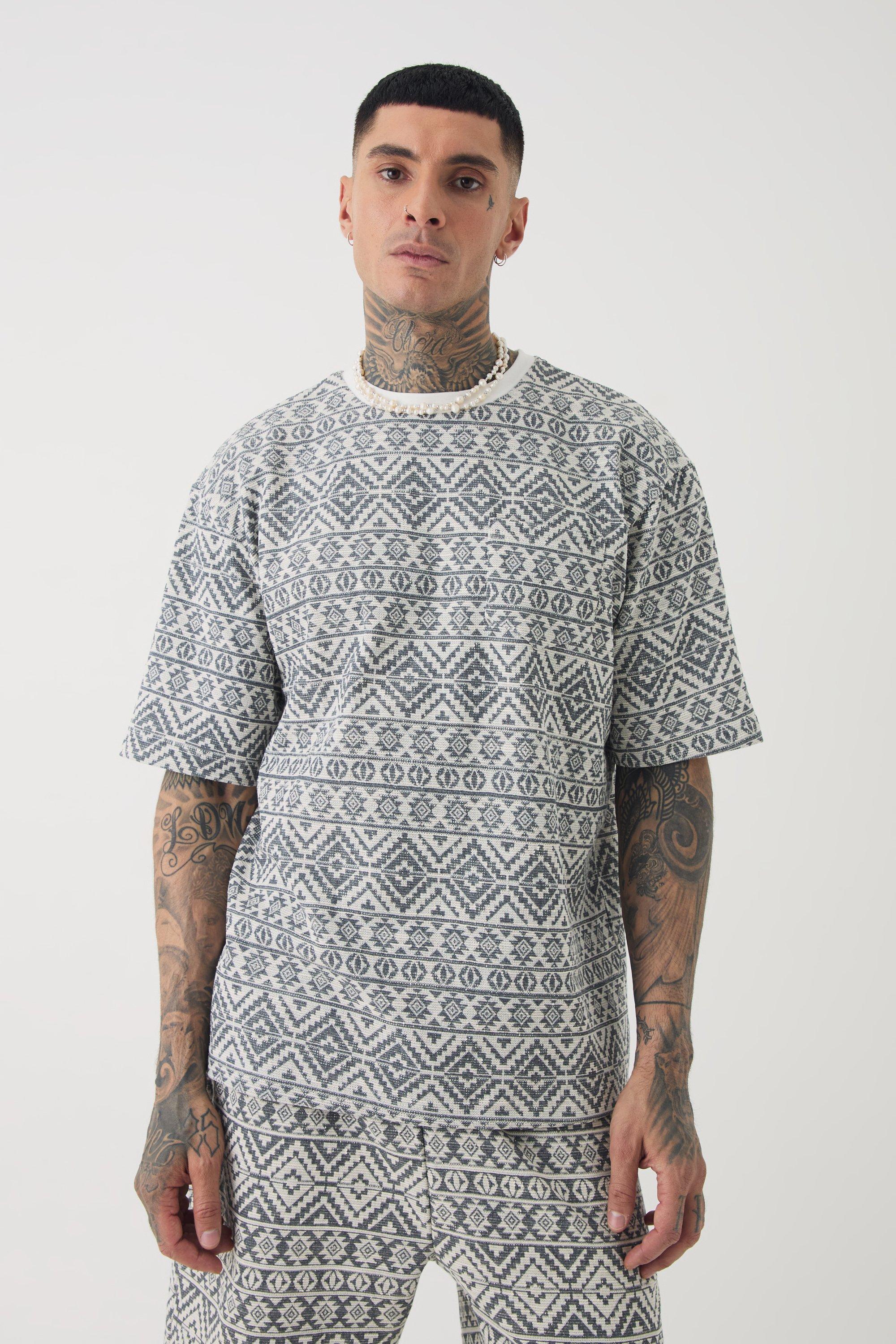 Mens Grey Tall Oversized Jacquard Abstract T-shirt, Grey