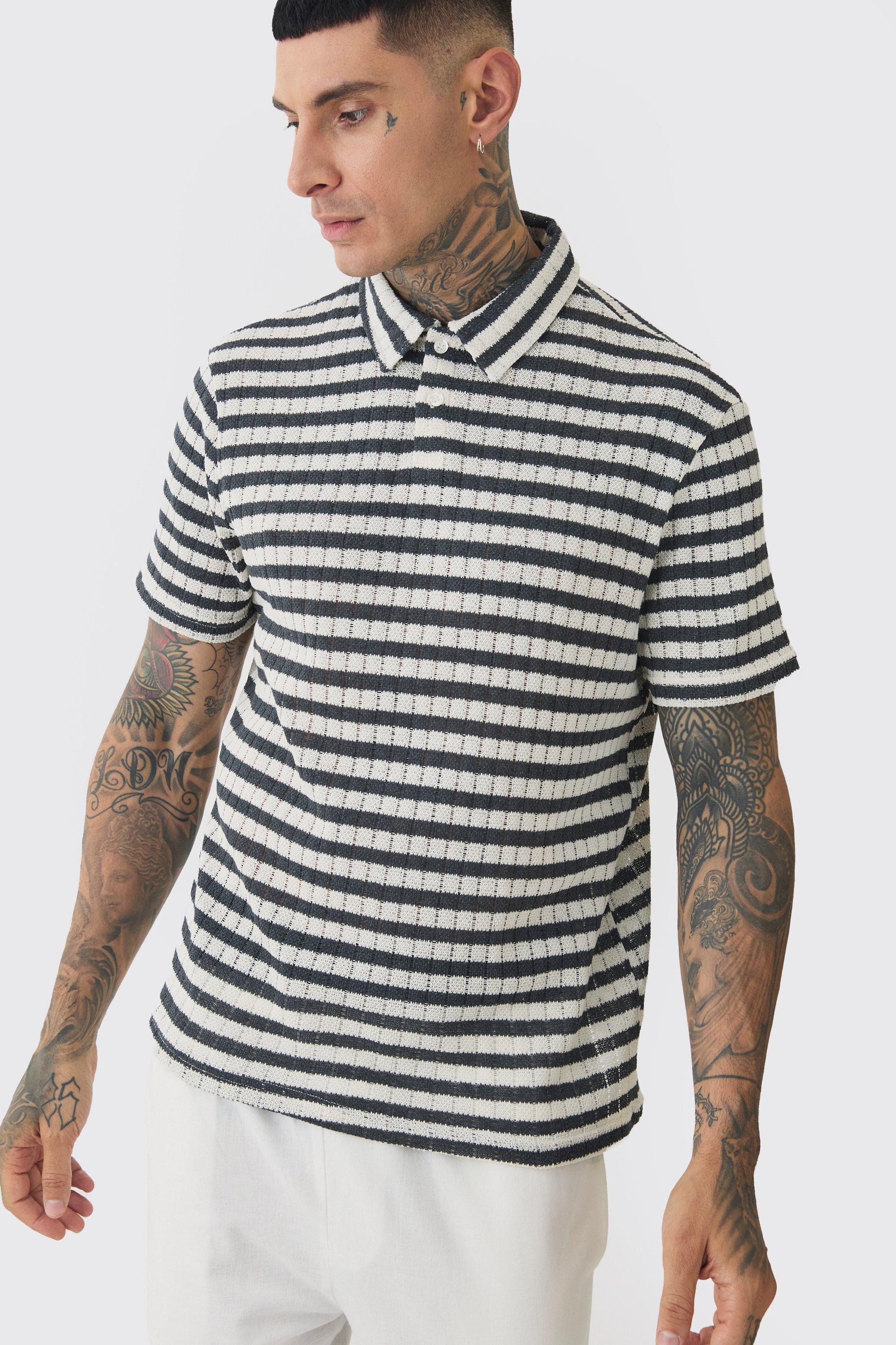 Mens Grey Tall Textured Stripe Polo, Grey