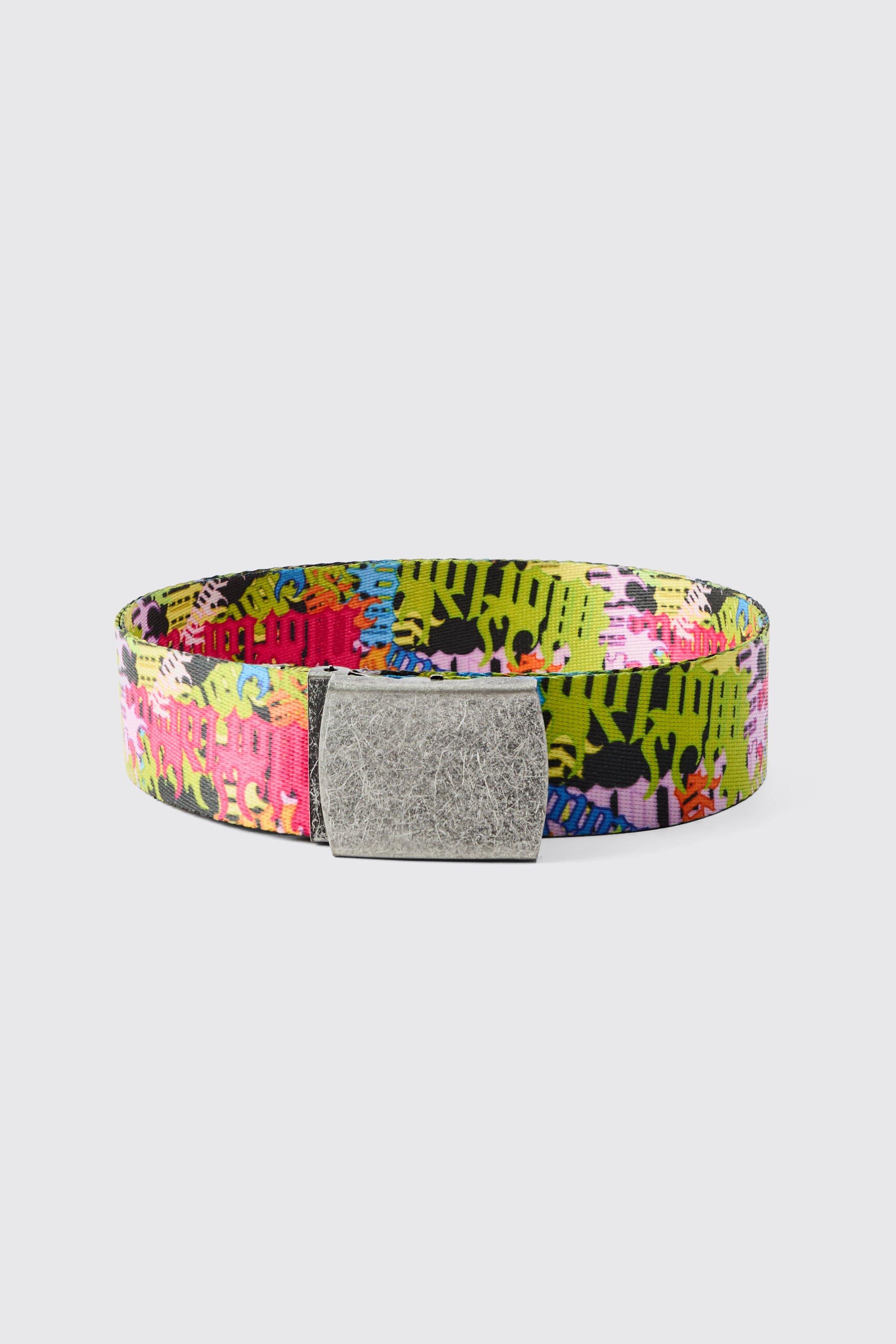 Mens Black Graffiti Print Belt, Black