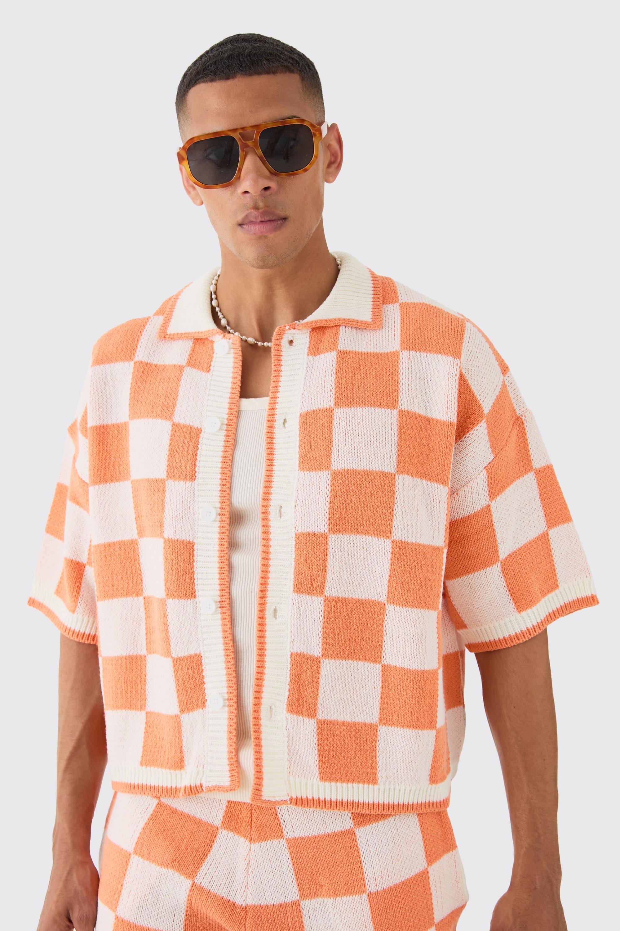 Mens Orange Oversized Boxy Check Knitted Shirt, Orange