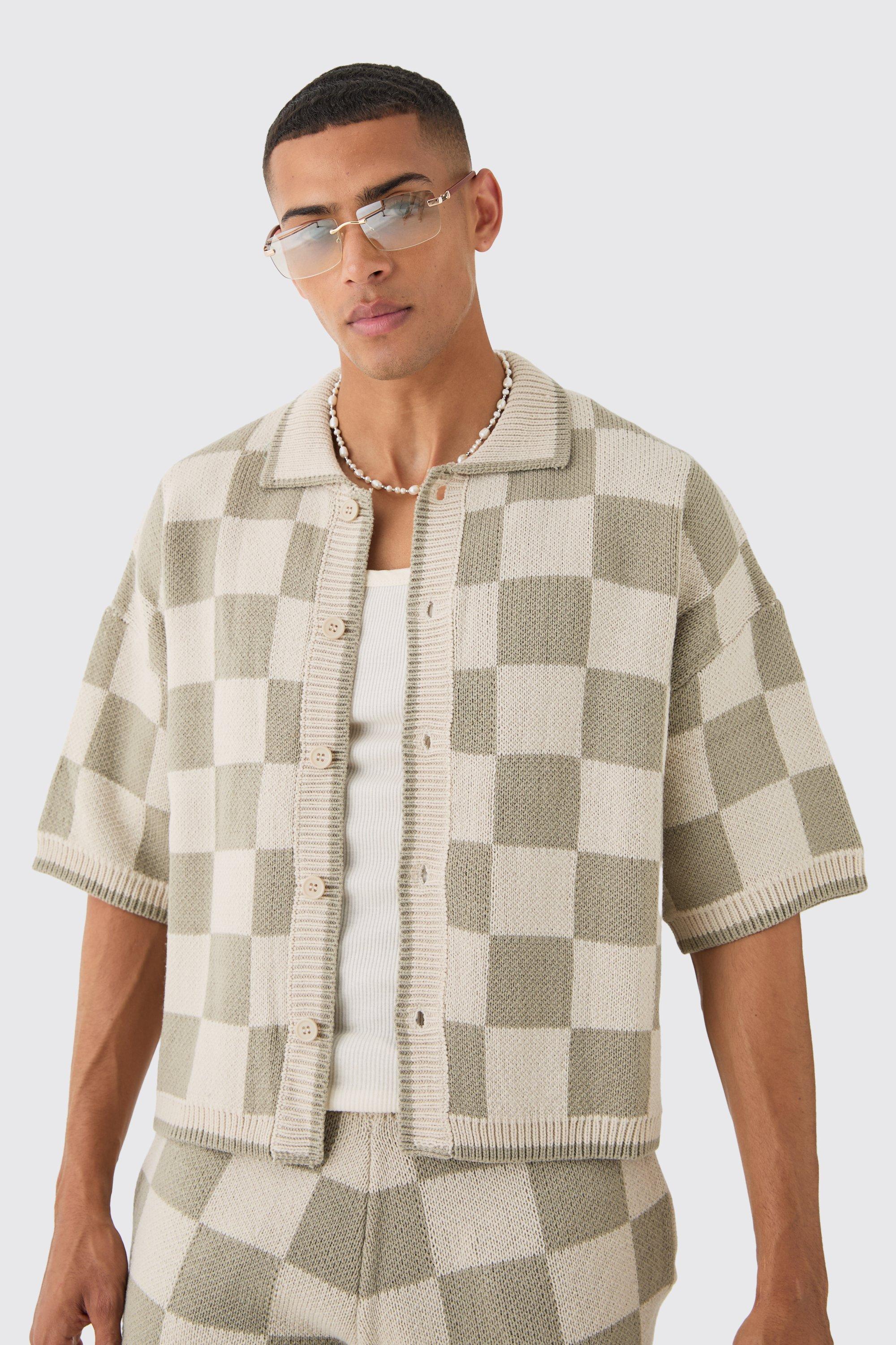 Mens Beige Oversized Boxy Check Knitted Shirt, Beige