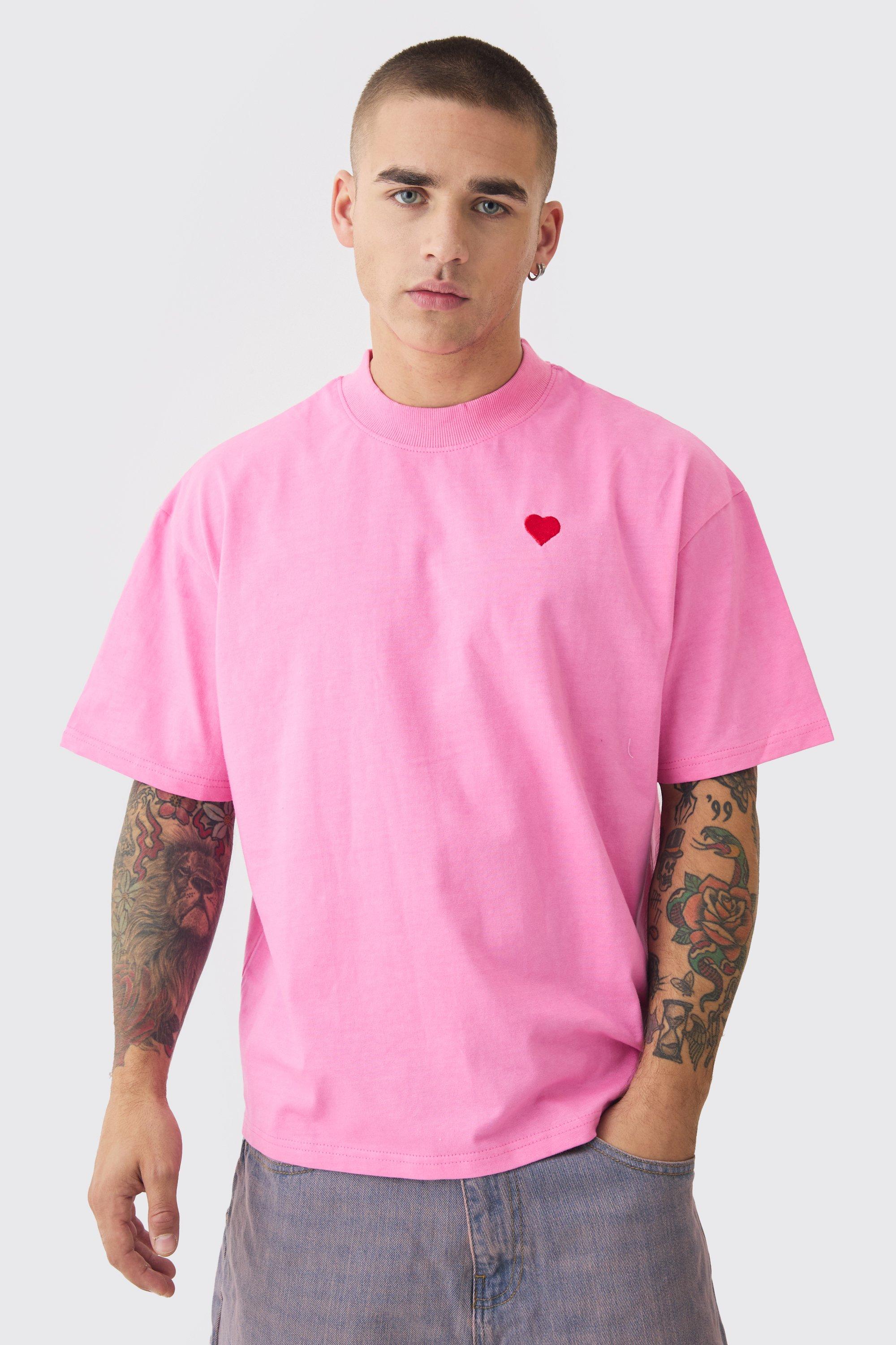 T-shirt squadrata oversize con ricamo di cuore e girocollo esteso, Azzurro