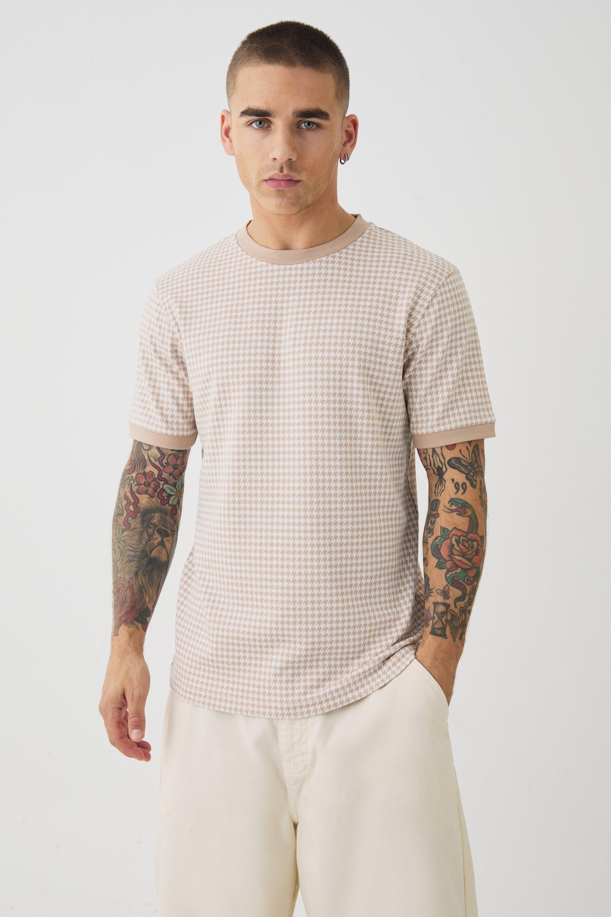 Mens Beige Smart Slim Dogtooth Jacquard Ringer T-shirt, Beige