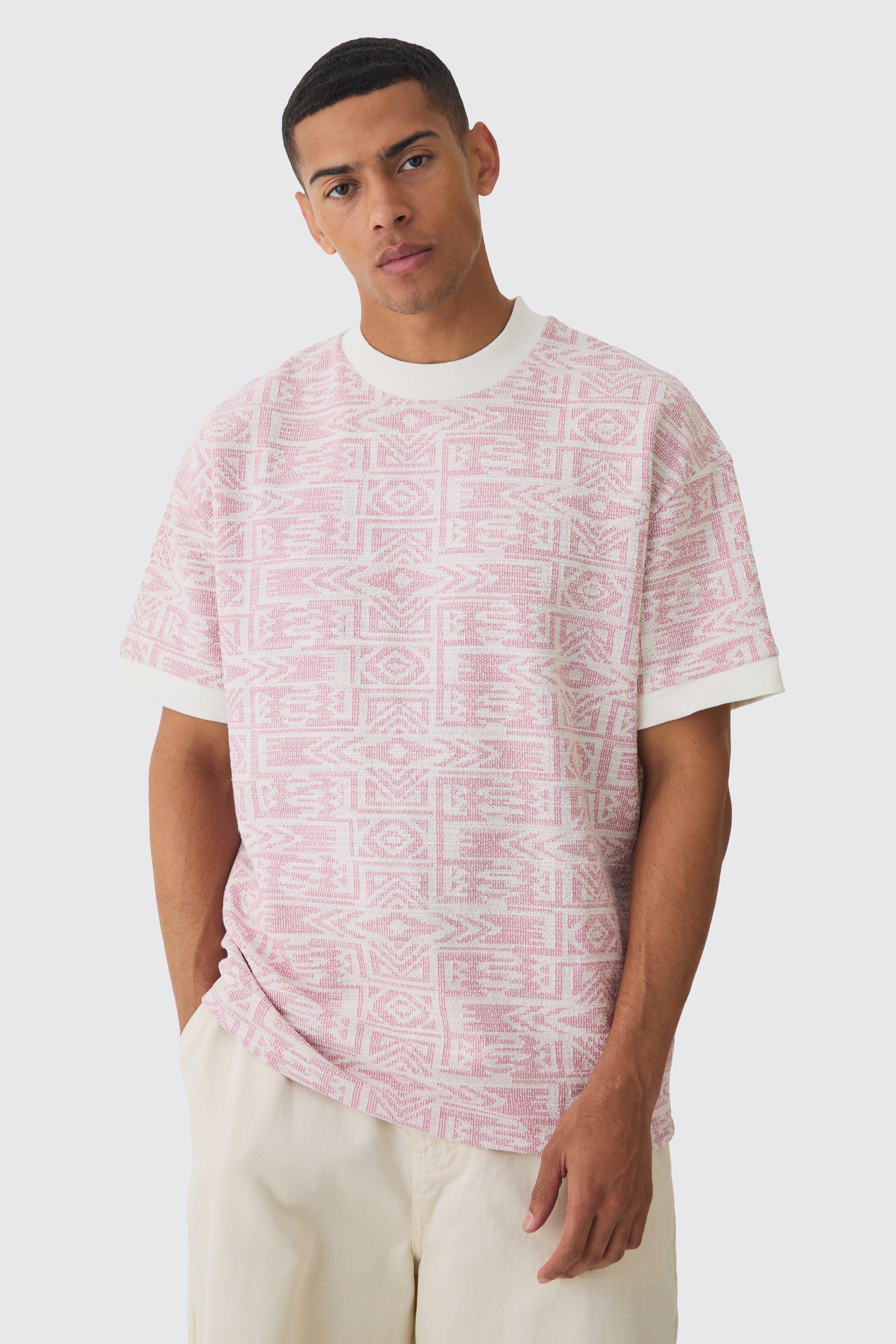 Oversize Jacquard T-Shirt Mit Kontrast-Saum - Light Pink - L, Light Pink