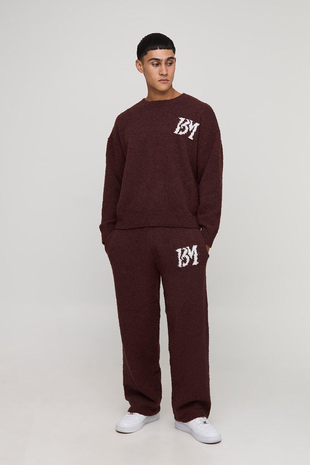 Mens Brown Brushed Boucle Knitted Branded Jumper Tracksuit, Brown
