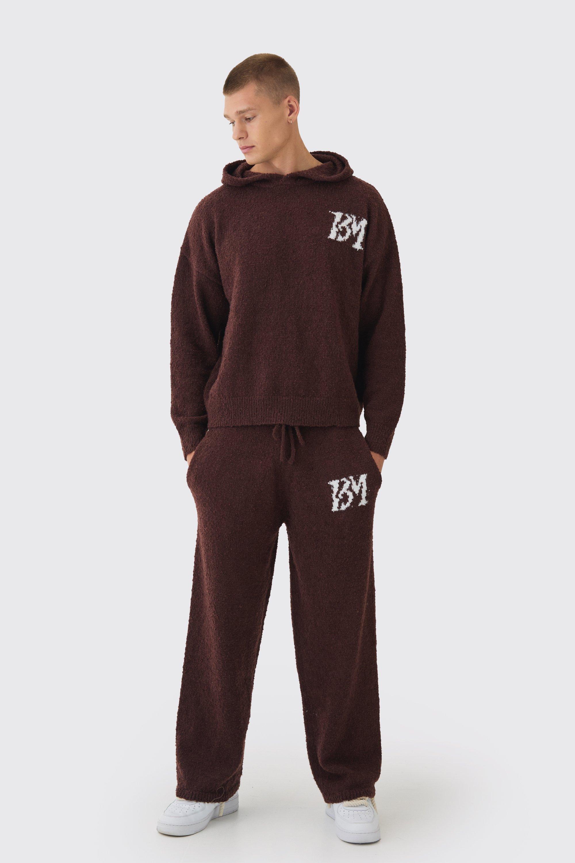 Mens Brown Brushed Boucle Knitted Branded Hooded Tracksuit, Brown