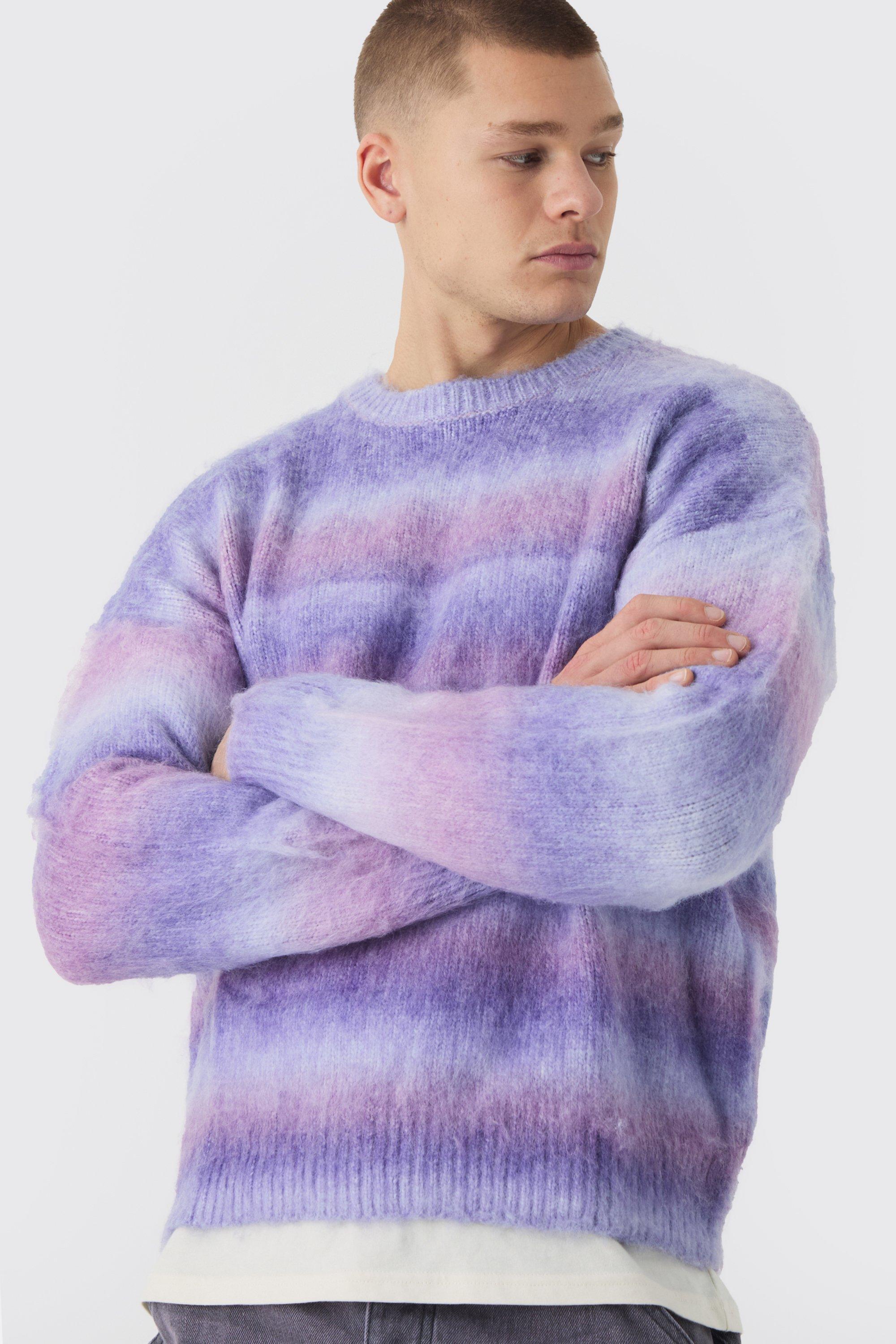 Maglione squadrato oversize in maglia spazzolata a righe, Purple