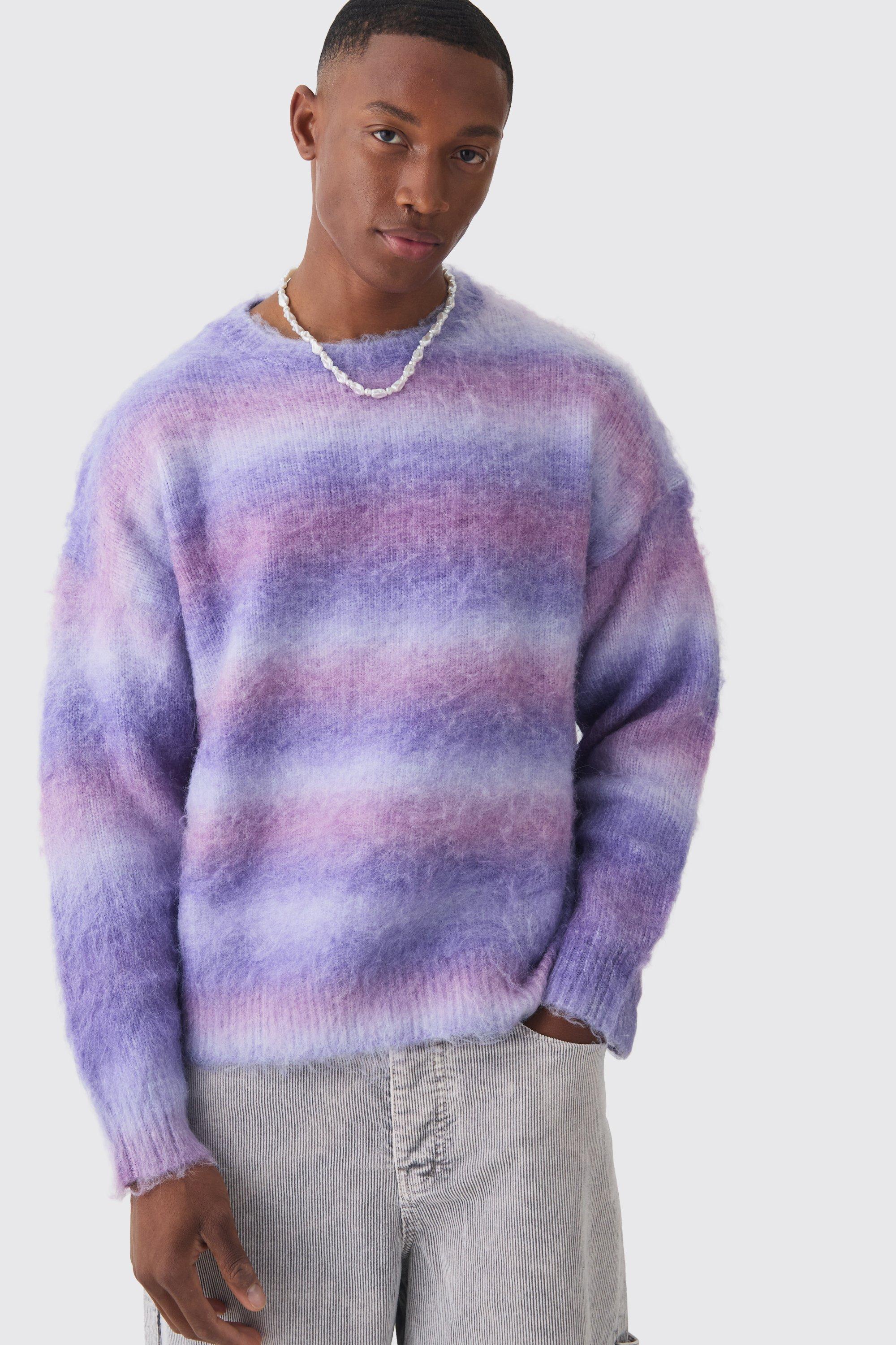 Mens Purple Oversized Boxy Brushed Stripe Knitted Jumper, Purple