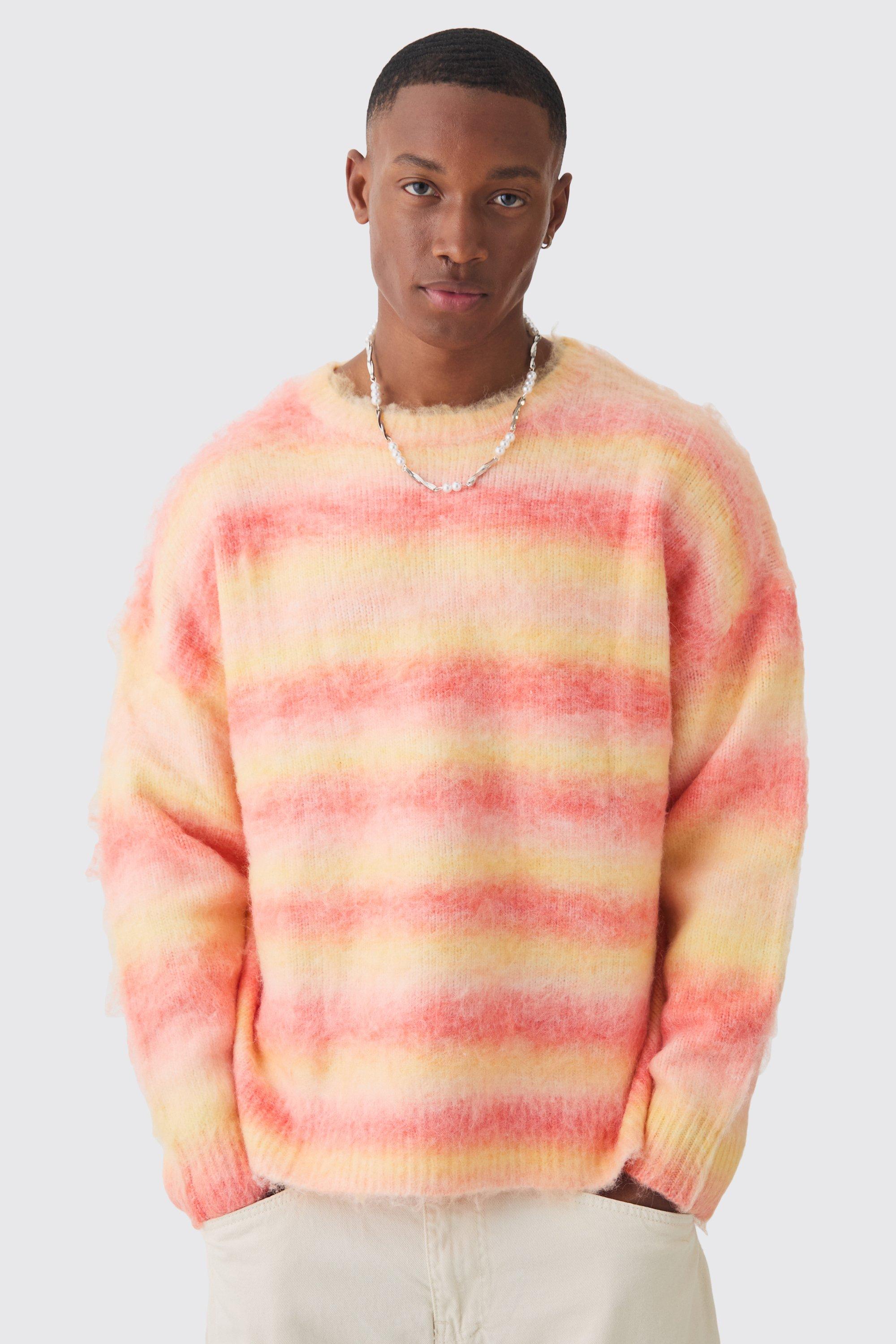 Mens Orange Oversized Boxy Brushed Stripe Knitted Jumper, Orange