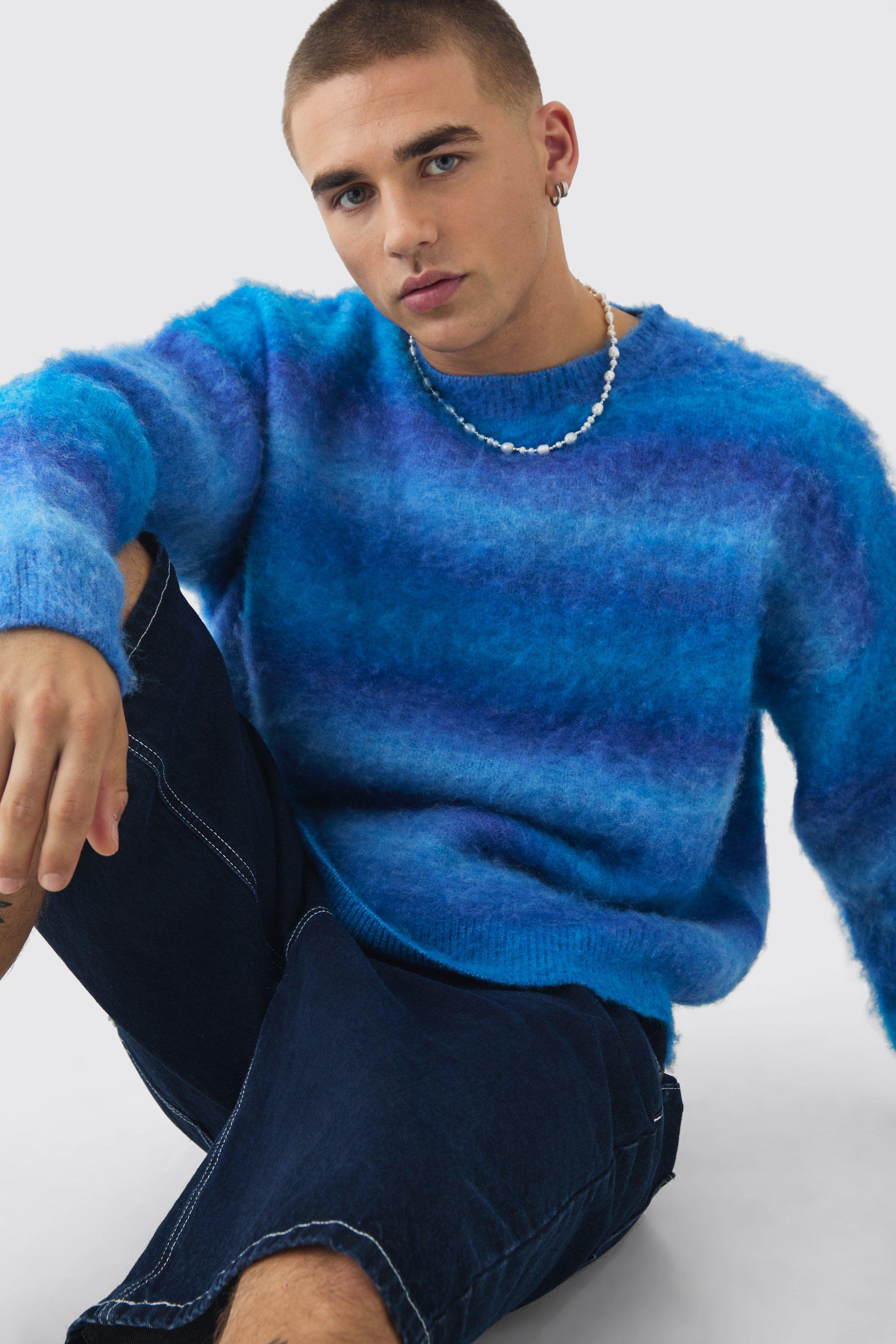 Mens Blue Oversized Boxy Brushed Ombre Knitted Jumper, Blue