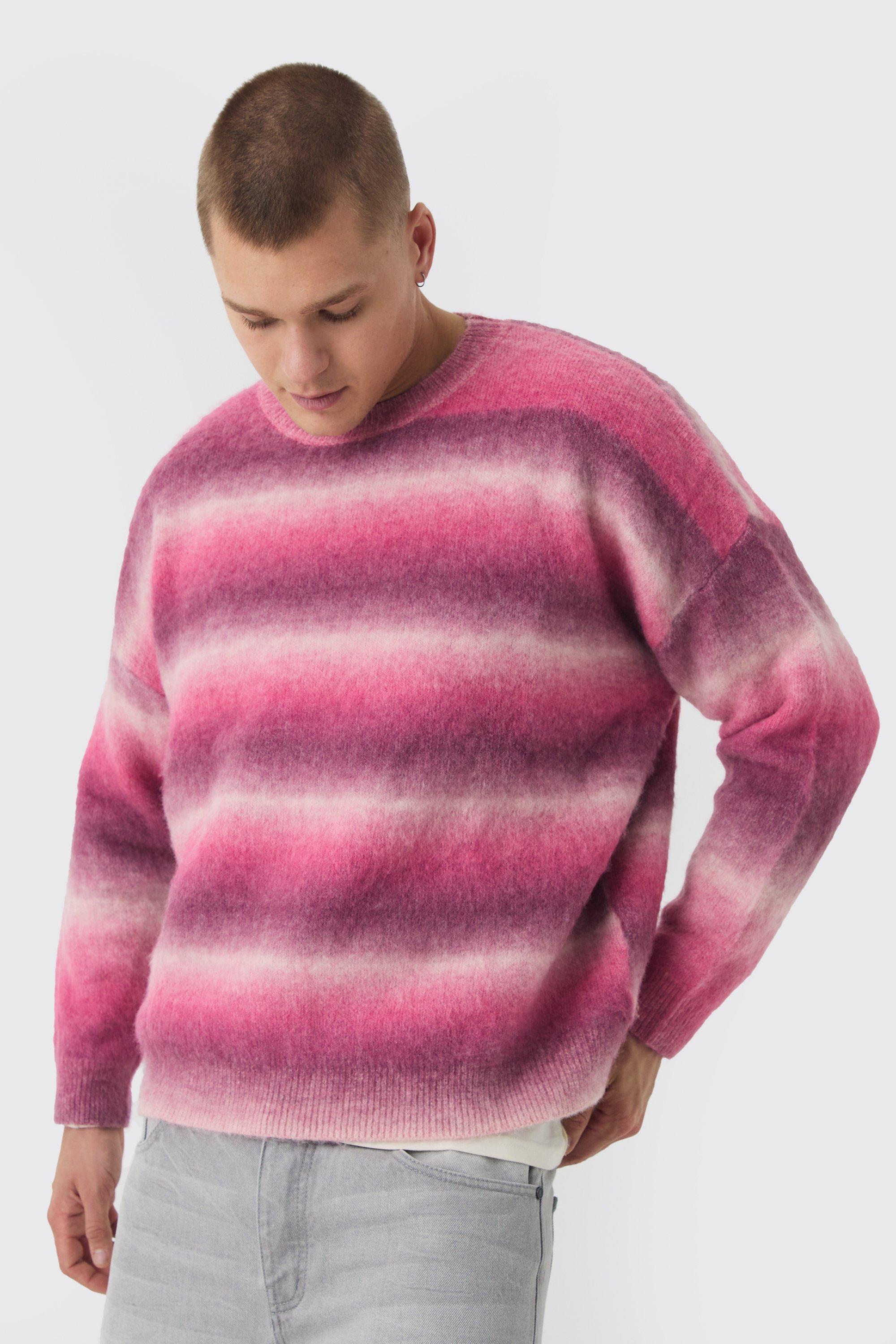 Mens Pink Oversized Boxy Brushed Ombre Knitted Jumper, Pink