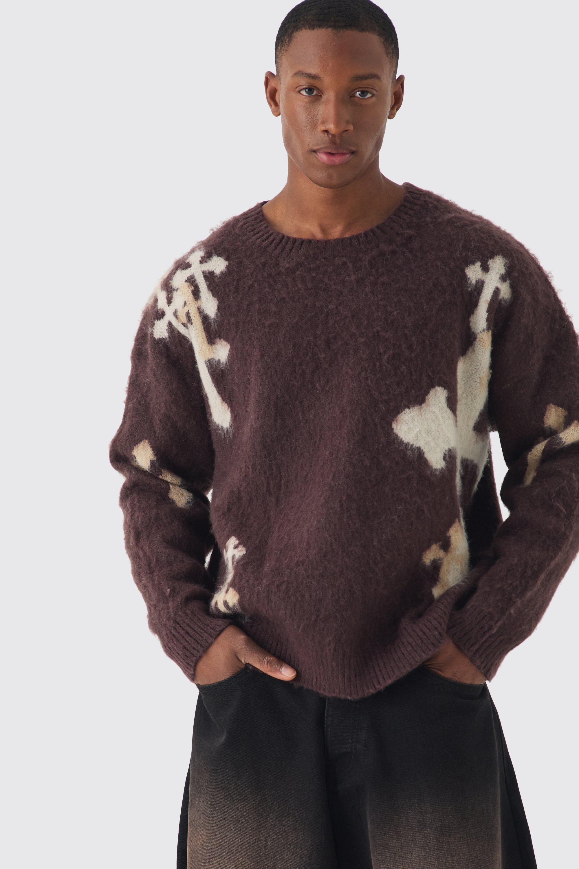 Mens Brown Oversized Boxy Cross Brushed Knitted Jumper, Brown