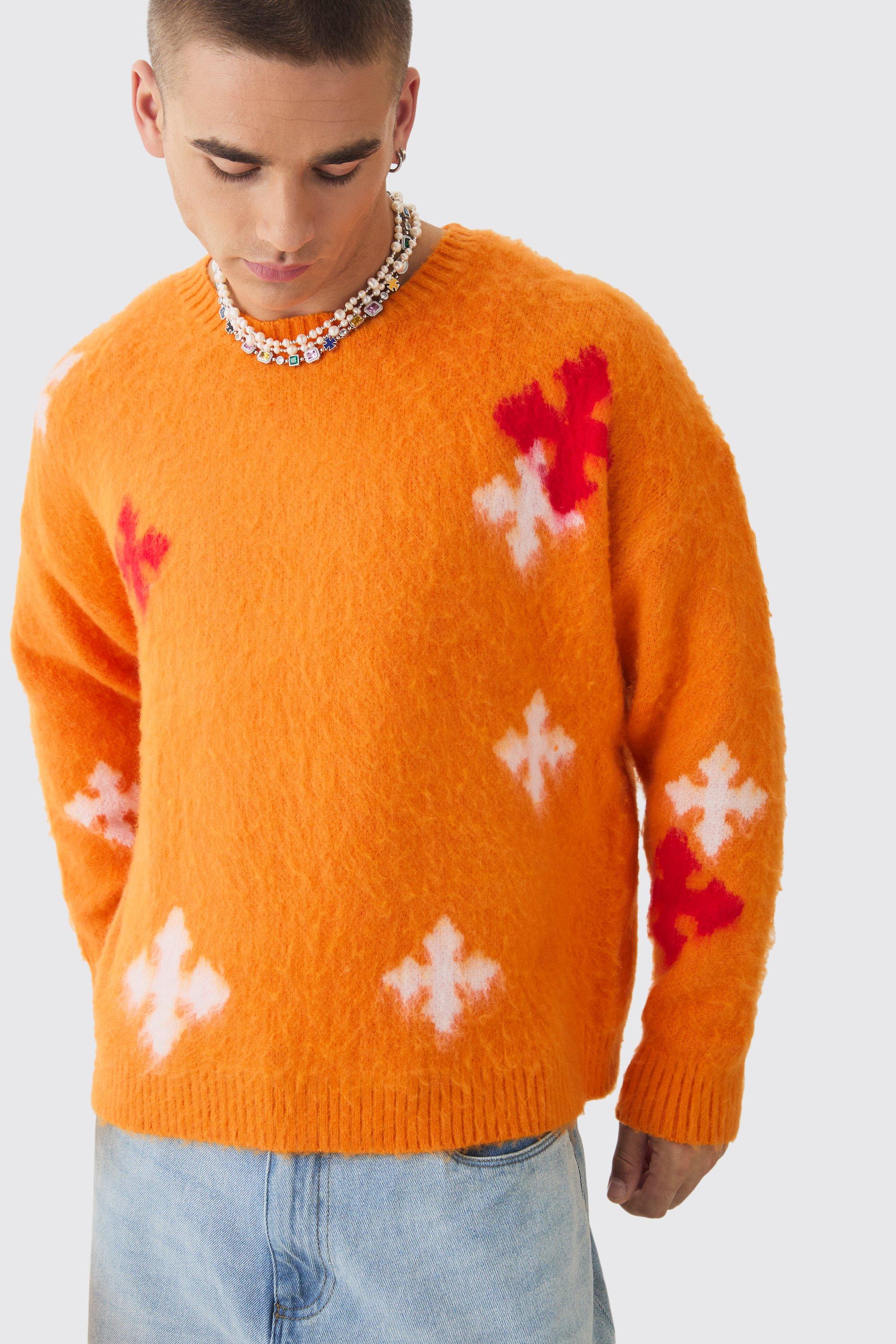 Mens Orange Oversized Boxy Cross Brushed Knitted Jumper, Orange