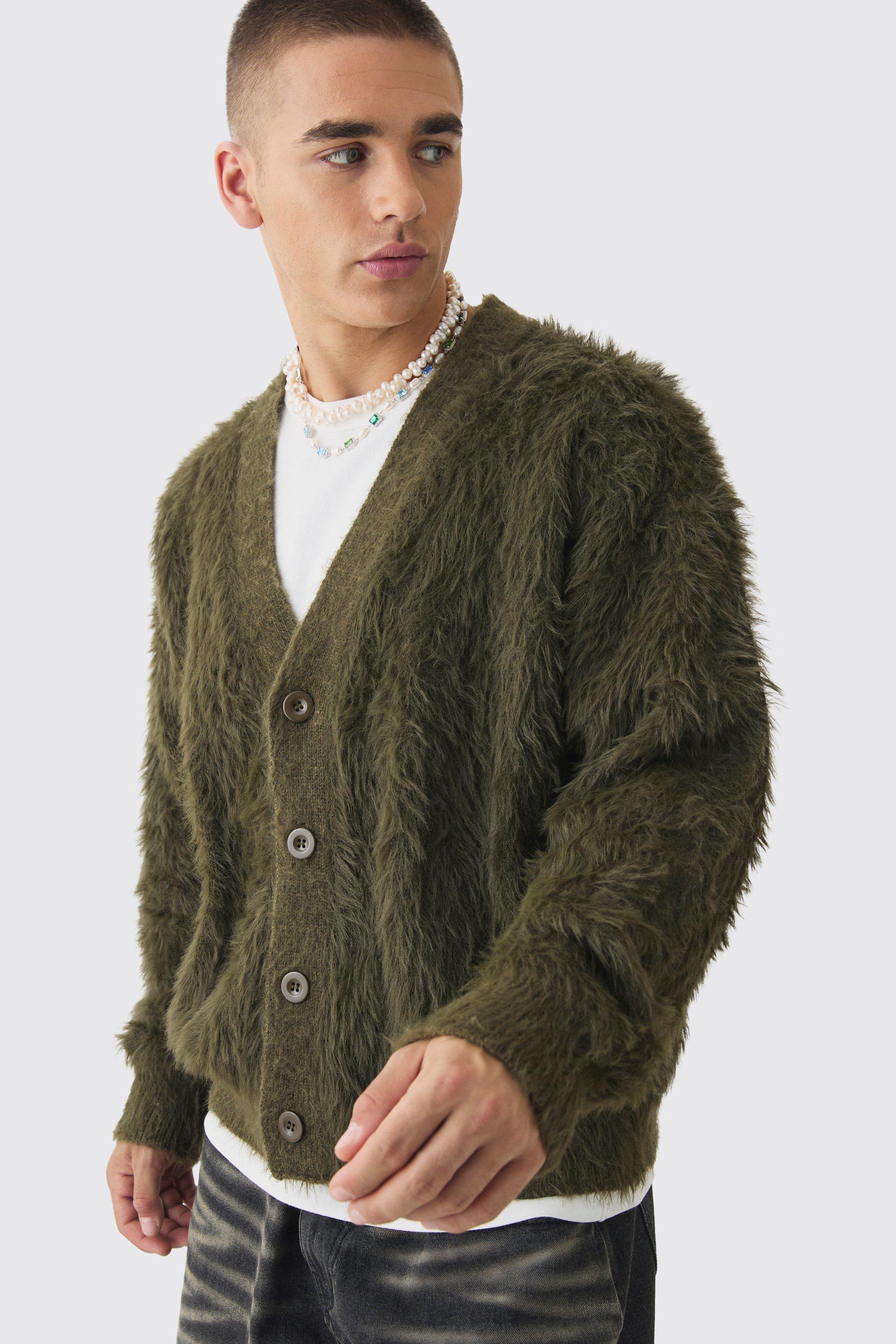 Mens Green Oversized Boxy Super Fluffy Knitted Cardigan, Green