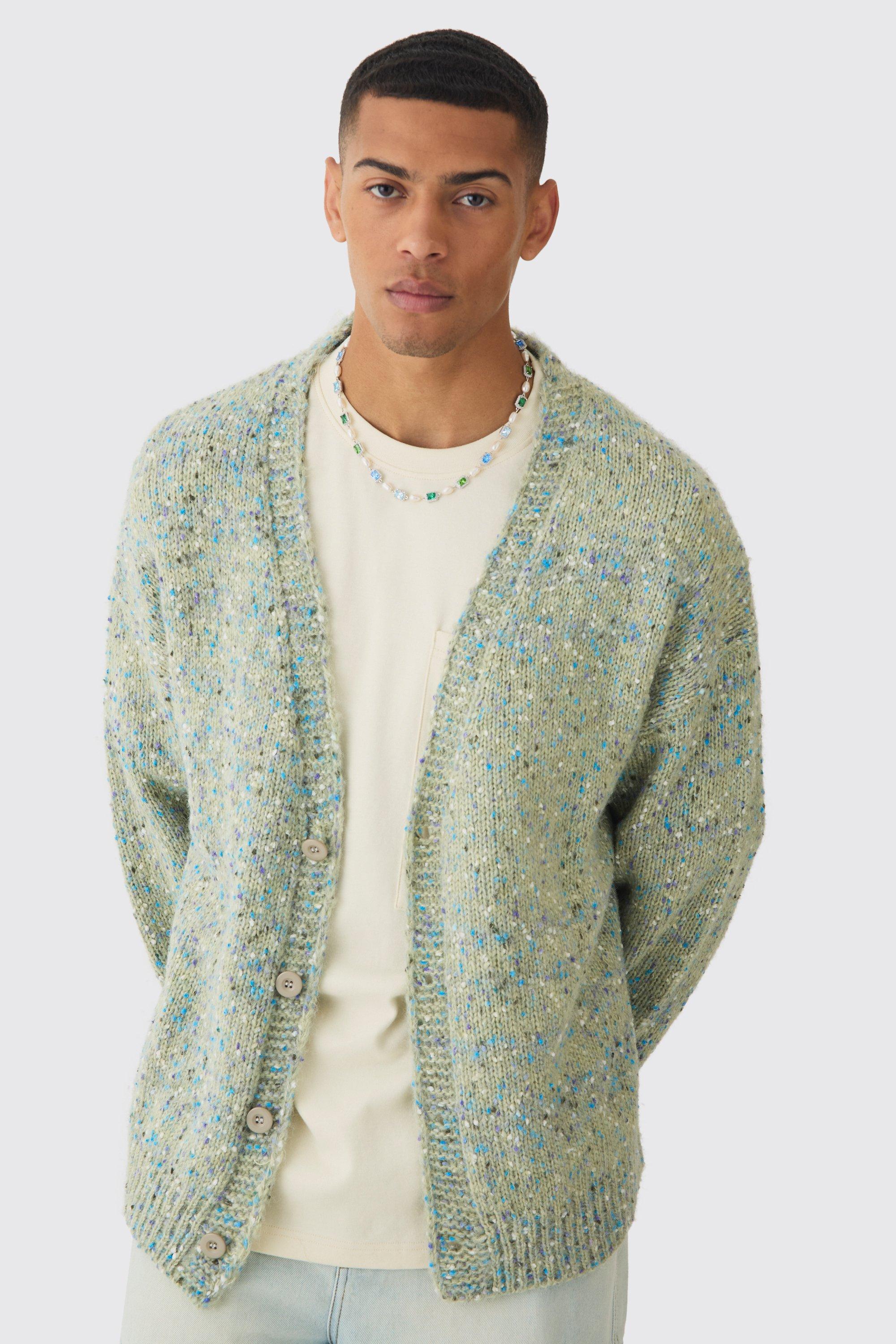 Mens Green Oversized Textured Brushed Knitted Cardigan, Green