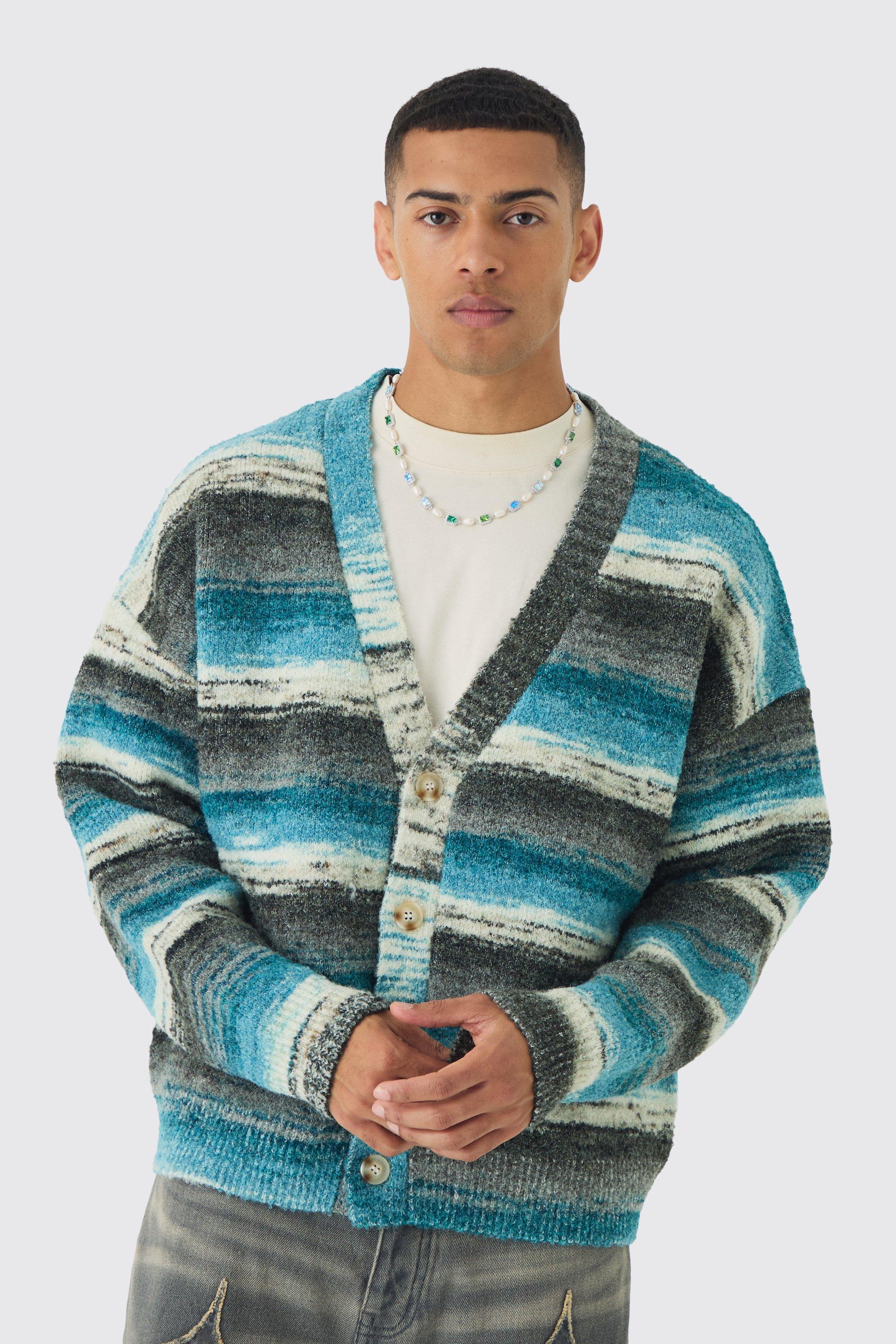 Cardigan squadrato oversize in maglia a righe astratte, Azzurro